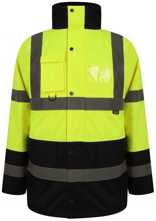 LIZZIE JACOBS New Hi Vis Parka Jackets High Visibility Safety Security Work Wear Waterproof Storm Padded Jackets Hi Viz Fluorescent Reflective Protective Hooded Long Coats (3X-Large, Yellow/Navy)
