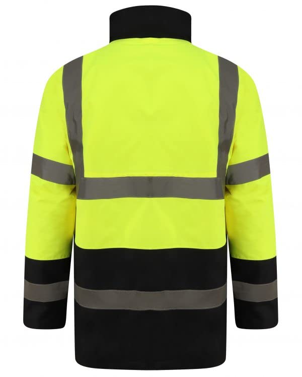 LIZZIE JACOBS New Hi Vis Parka Jackets High Visibility Safety Security Work Wear Waterproof Storm Padded Jackets Hi Viz Fluorescent Reflective Protective Hooded Long Coats (3X-Large, Yellow/Navy)