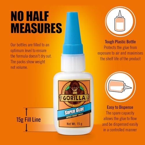 Gorilla Super Glue, 15g – All Purpose, Impact Tough & Fast Setting with Anti-Clog Cap Ideal for Metal, Ceramics, Leather & More