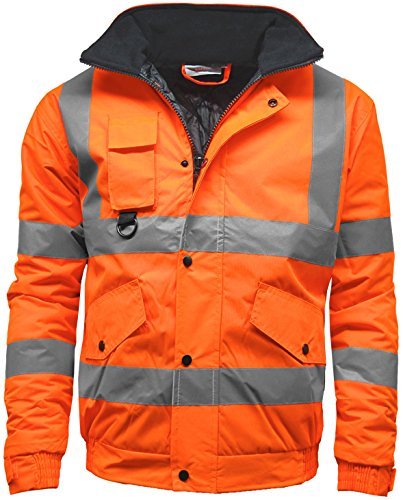 Golomak® Hi Vis Viz Bomber Jacket High Visibility Workwear Safety Security Hooded Padded Waterproof Taped Seams Work Wear Coat Top (Orange, Medium)
