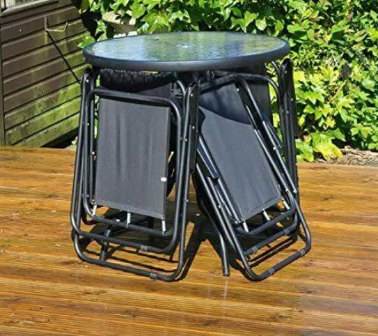 Garden Mile Patio Dining Set - Round 4 seater garden dinning set with Umbrella, 4 Folding Dining Chairs & Round Tempered Glass Table for Garden, Patio furniture or conservatory décor (Black)
