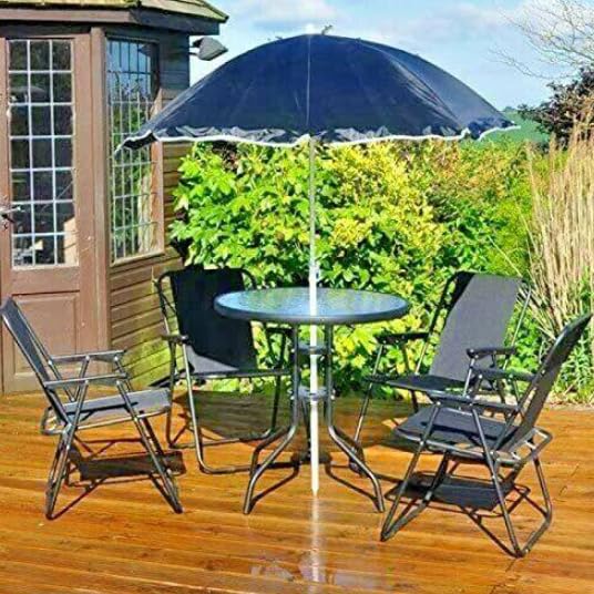 Garden Mile Patio Dining Set - Round 4 seater garden dinning set with Umbrella, 4 Folding Dining Chairs & Round Tempered Glass Table for Garden, Patio furniture or conservatory décor (Black)