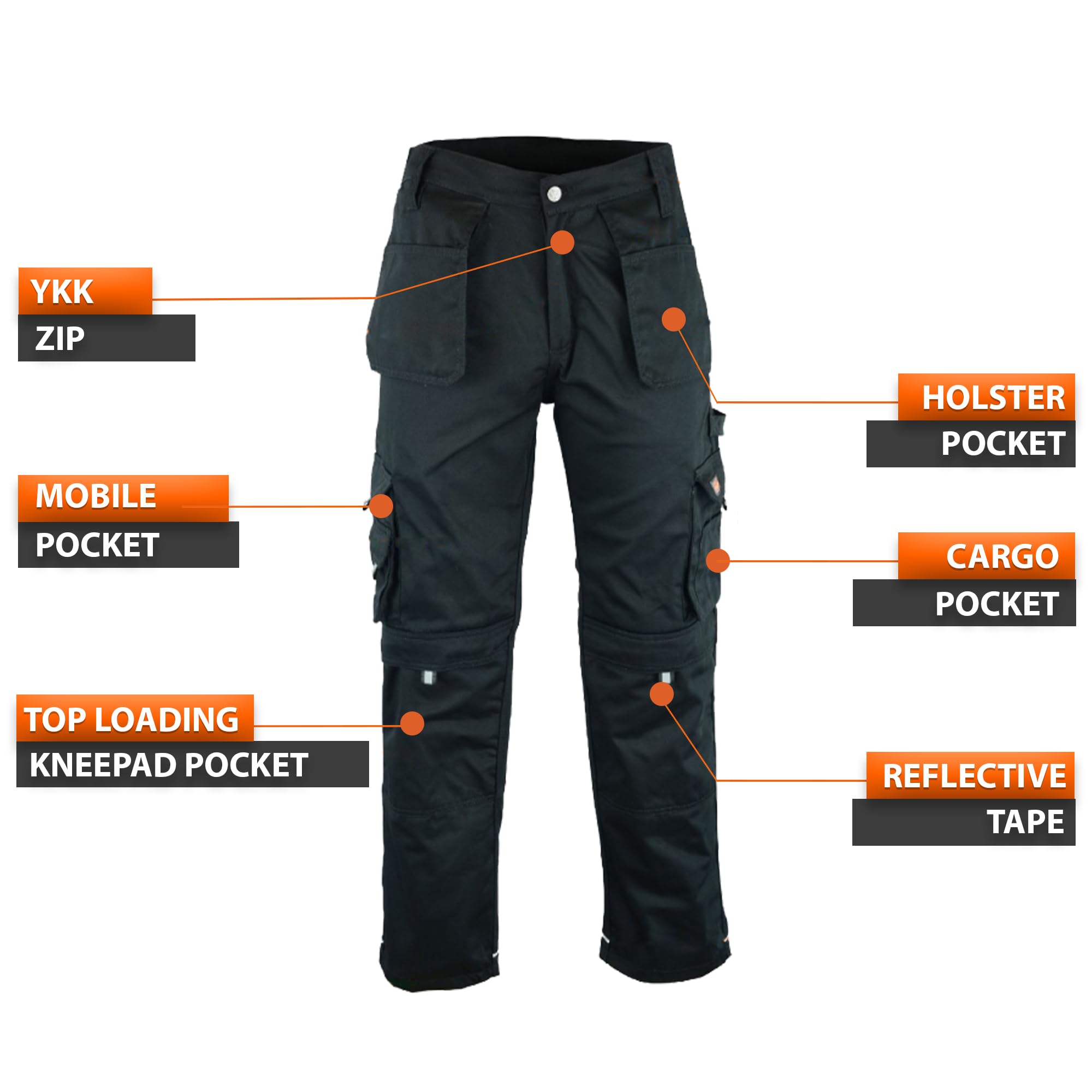 WrightFits Men Pro-11 Work Trousers Black - Heavy Duty Safety Combat Cargo Pant - Multi Pockets & Knee Pad Pockets - Triple Stitched -Durable Work wear (34W X 31L, Black)