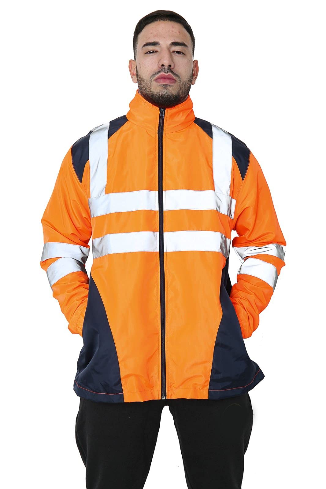Parsa Fashions Hi Vis Rain Jacket Mens High Visibility Waterproof Reflective Tape Band Safety Zipper Hooded Top Lightweight Sizes Small to 5XL Orange L