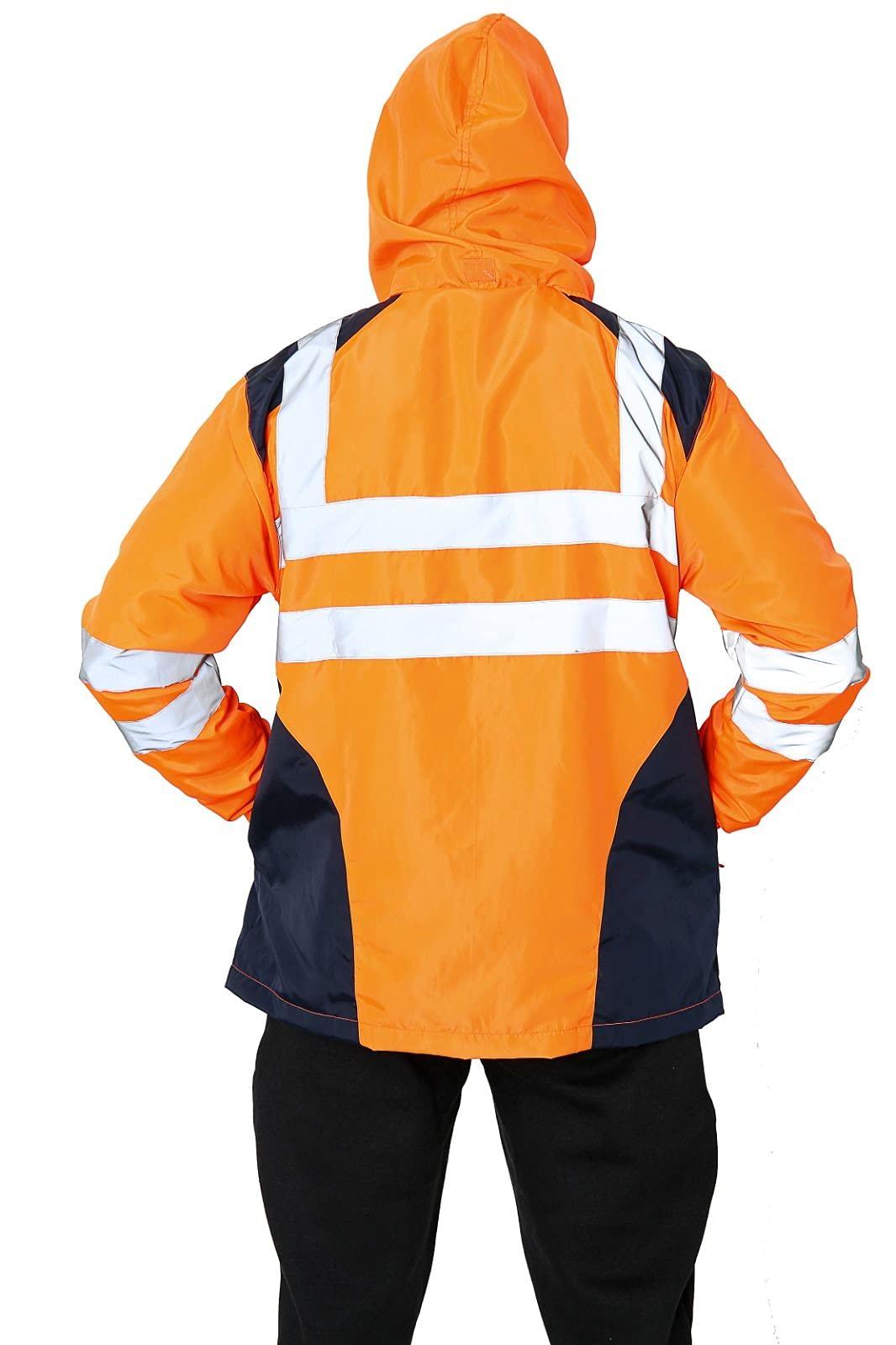 Parsa Fashions Hi Vis Rain Jacket Mens High Visibility Waterproof Reflective Tape Band Safety Zipper Hooded Top Lightweight Sizes Small to 5XL Orange L