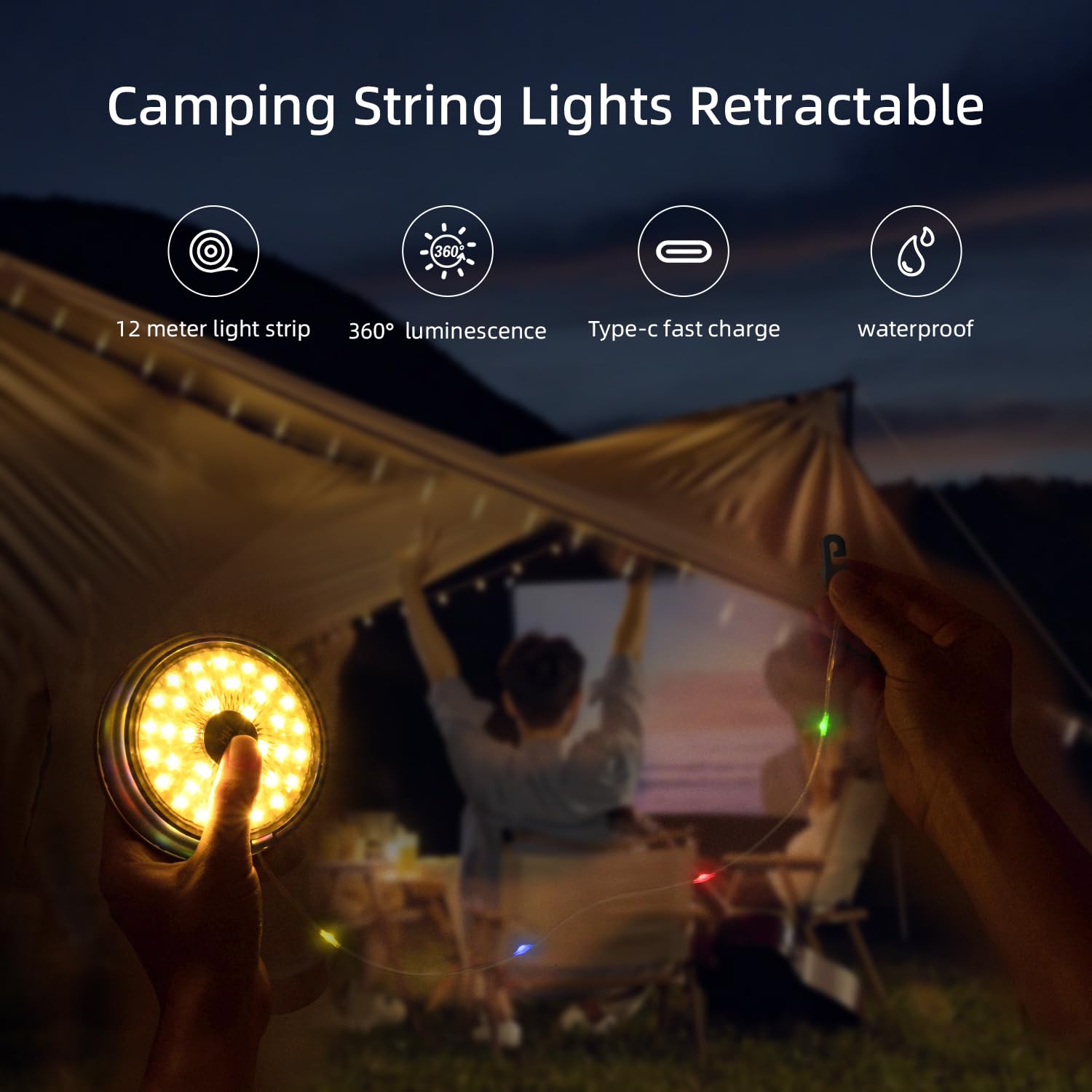 Mcbazel Camping String Lights,Retractable Camping String Fairy Lights Lanterns 12M/39.4FT with 10 Lighting Modes,120LED,2000mah USB Rechargeable,Multicolor & Warm Lighting for Outdoor/Indoor/Camping