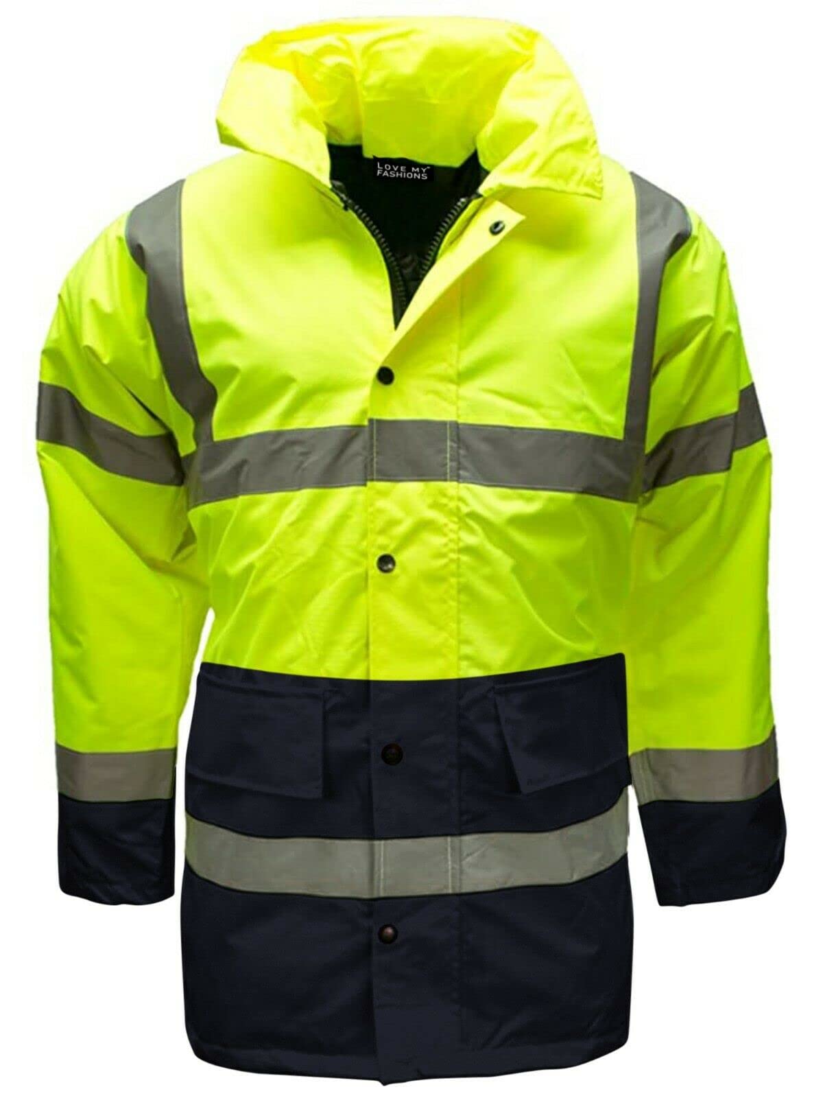 LIZZIE JACOBS New Hi Vis Parka Jackets High Visibility Safety Security Work Wear Waterproof Storm Padded Jackets Hi Viz Fluorescent Reflective Protective Hooded Long Coats (3X-Large, Yellow/Navy)