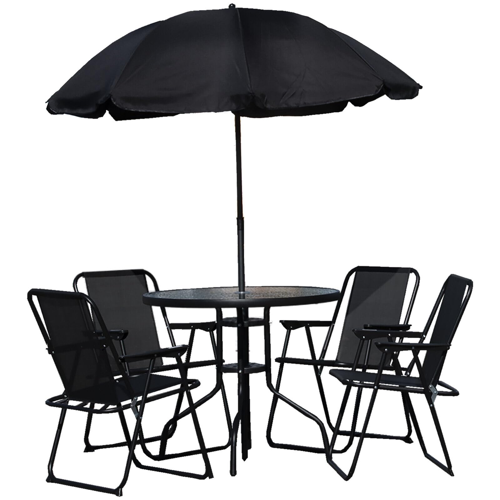 Garden Mile Patio Dining Set - Round 4 seater garden dinning set with Umbrella, 4 Folding Dining Chairs & Round Tempered Glass Table for Garden, Patio furniture or conservatory décor (Black)