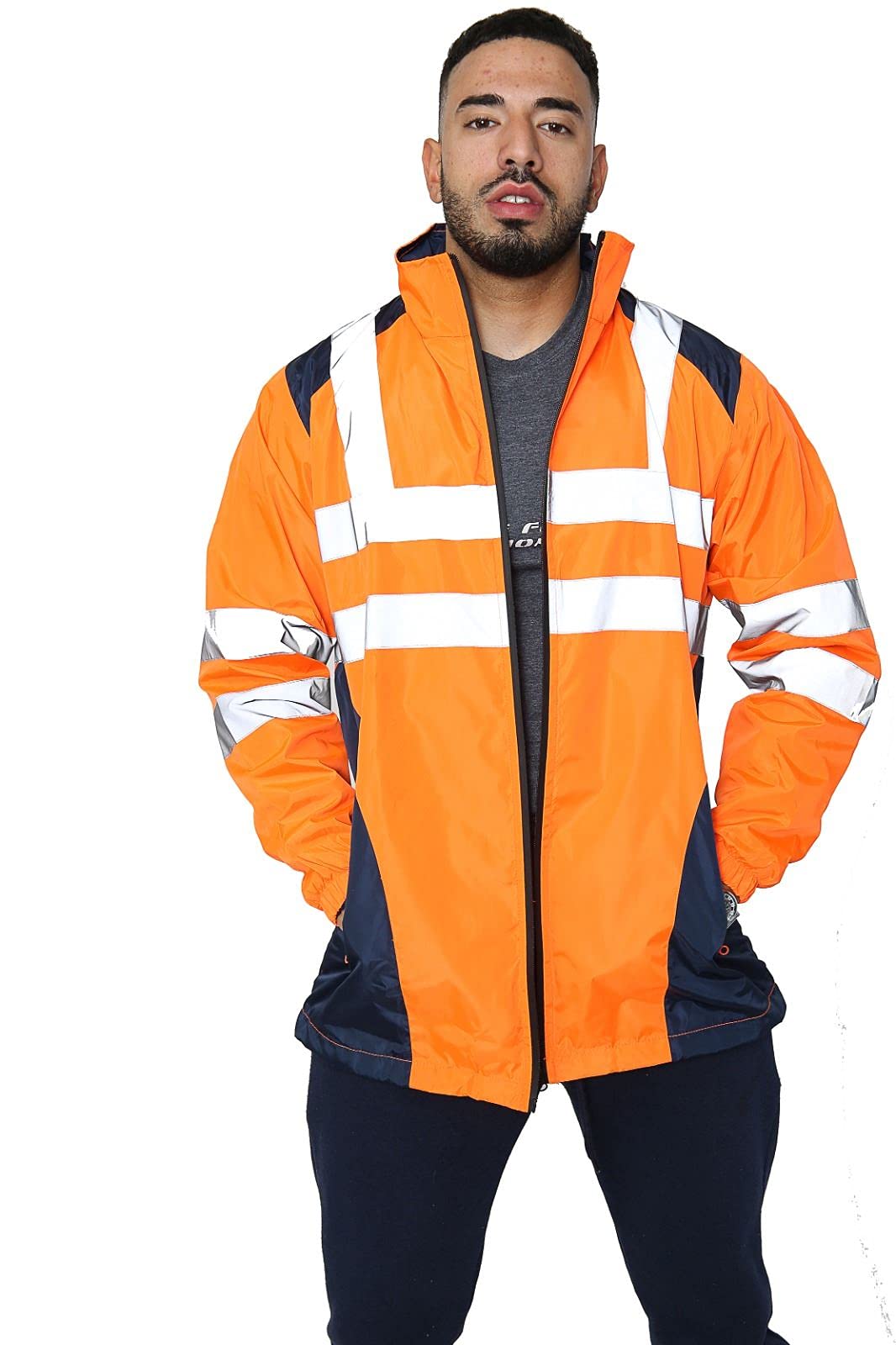 Parsa Fashions Hi Vis Rain Jacket Mens High Visibility Waterproof Reflective Tape Band Safety Zipper Hooded Top Lightweight Sizes Small to 5XL Orange L