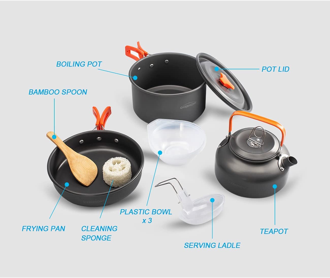 OVERMONT Camping Cookware Set Outdoor Cooking Kettle Mess Kit Pots Pans Ultralight Portable for Backpacking Hiking Picnic Fishing Mountaineering