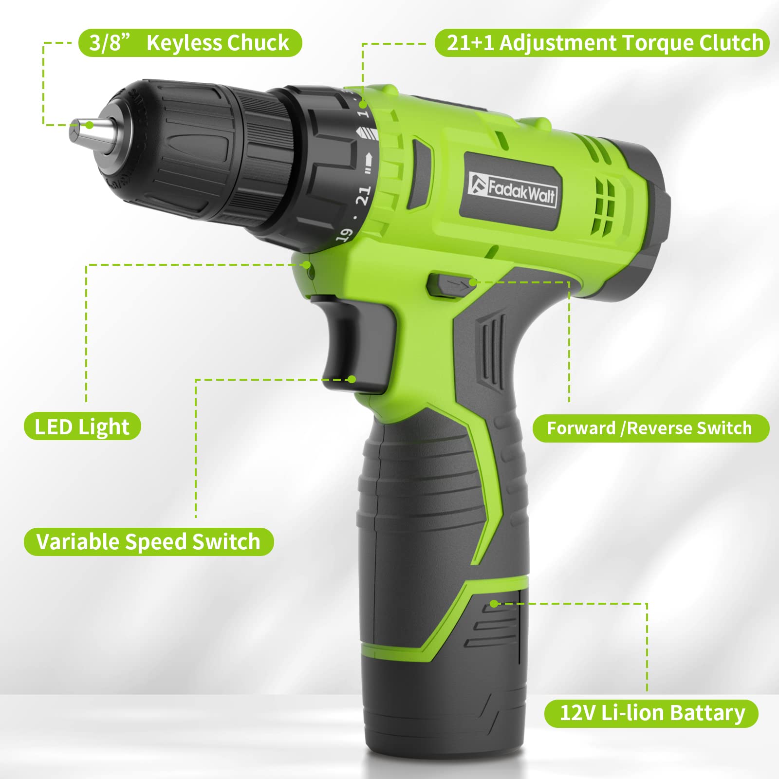 FADAKWALT 12V CordlessDrill, Battery Power Drill Drivers, 3/8” inch Keyless Chuck, Electric Screwdriver Kit, 21+1 Torque Setting, Combi Drill with Li-Ion Battery and Charger