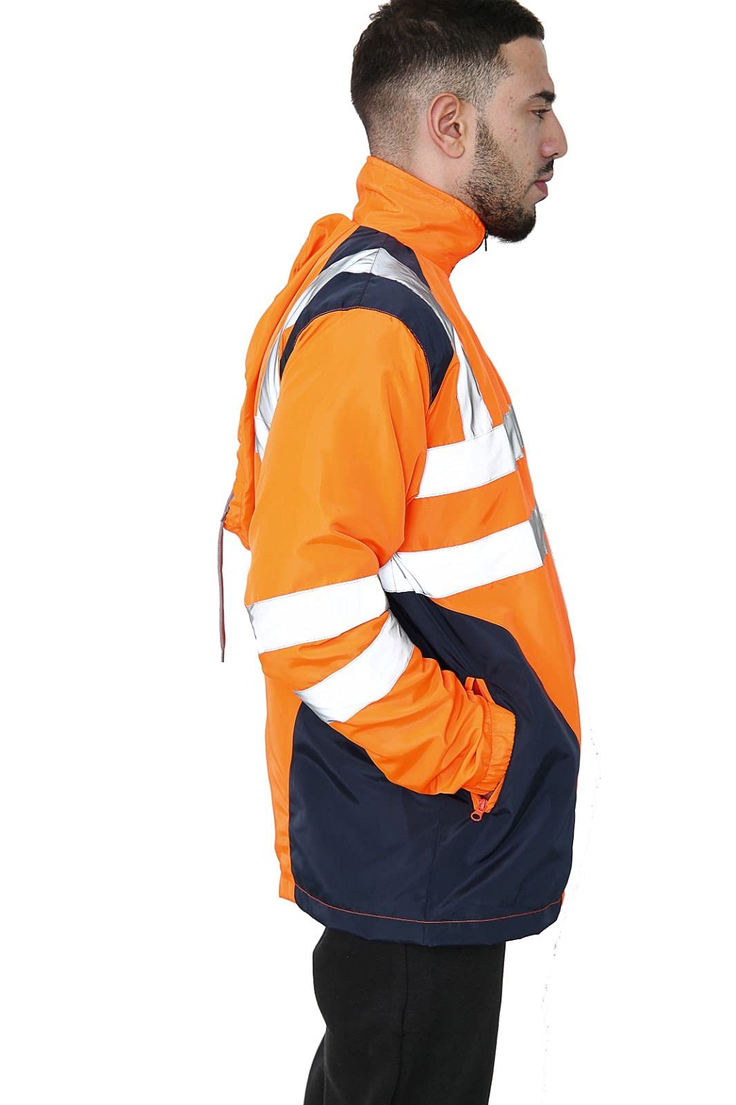 Parsa Fashions Hi Vis Rain Jacket Mens High Visibility Waterproof Reflective Tape Band Safety Zipper Hooded Top Lightweight Sizes Small to 5XL Orange L