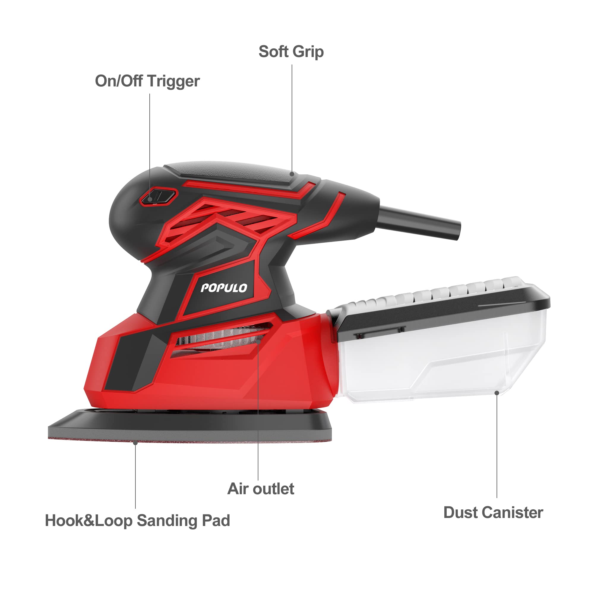 POPULO Electric Mouse Sander, 130W 14000RPM 230V Detail Sander with 12Pcs Sandpapers, Hand Sanders for Wood with Dust Collector, Compact Sanding Machine PEMS-140