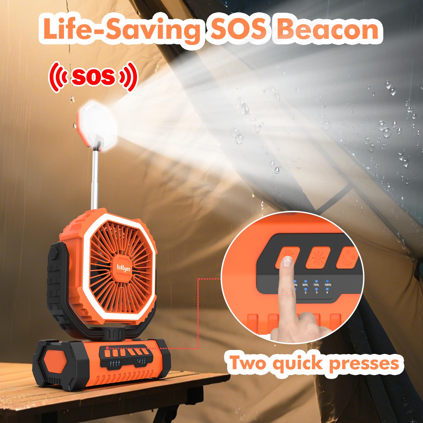 Outdoor Camping Fan with Light, 20000mAh Battery Powered, Rechargeable Portable Fan with Remote Control and 360° Rotating Hook, 4 Speeds for Indoor, Traveling, Tenting, RVing, Fishing, Beach (Orange)
