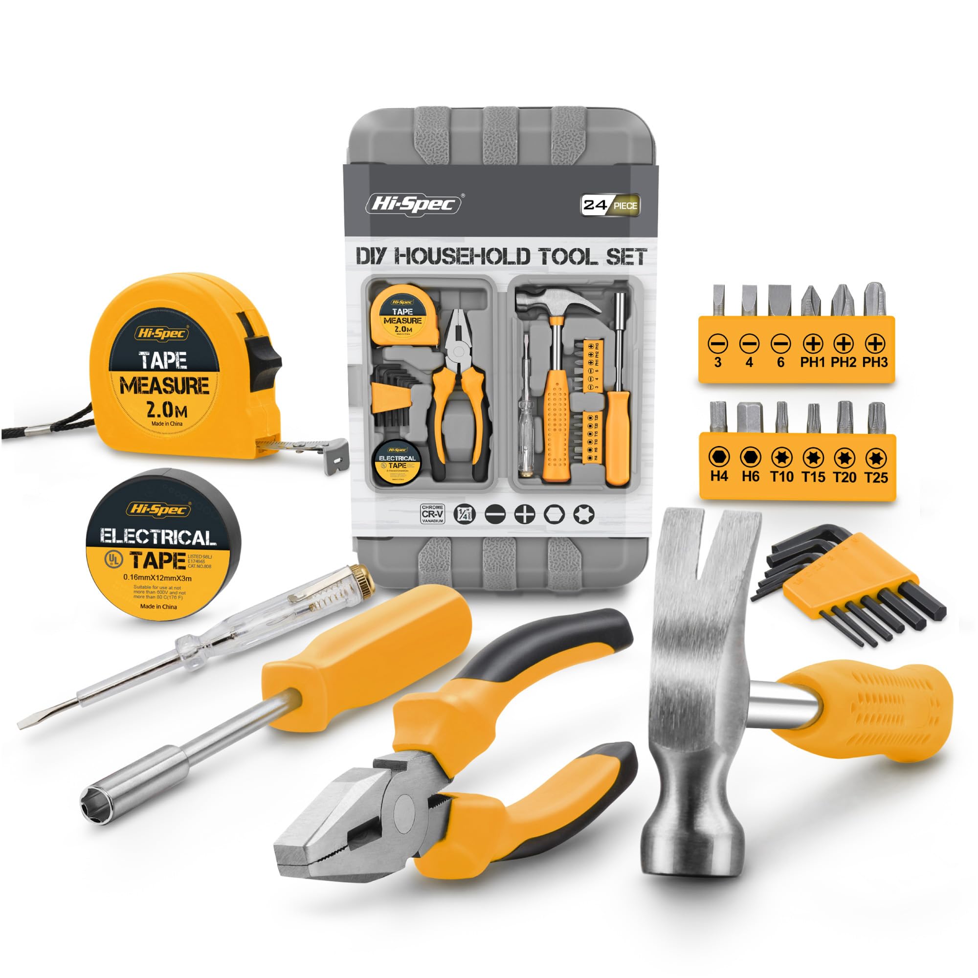 Hi-Spec 24pc Yellow Household DIY Tool Kit. Small Mini Box Set of Starter Basic Tools for Home & Office