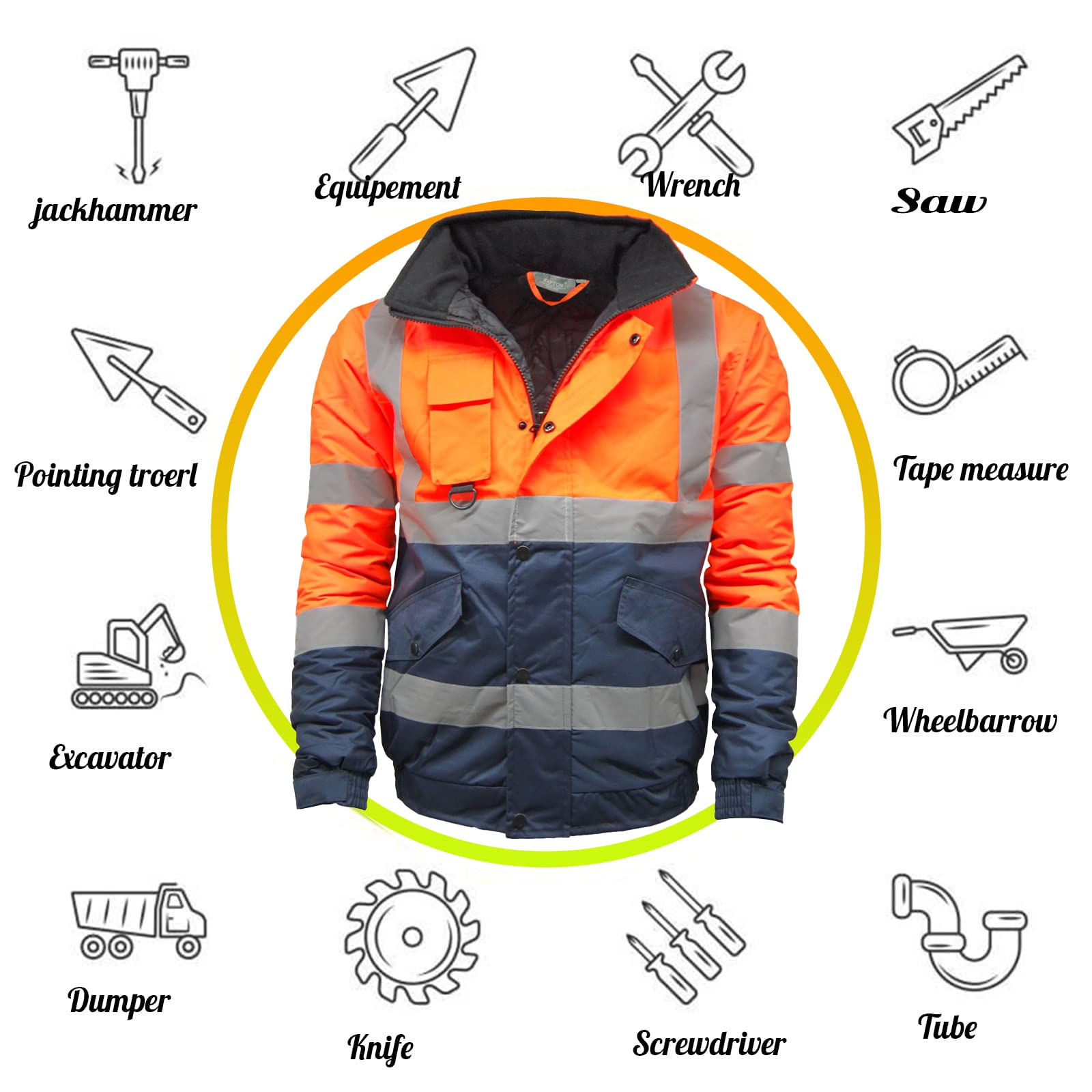 Golomak® Hi Vis Viz Bomber Jacket High Visibility Workwear Safety Security Hooded Padded Waterproof Taped Seams Work Wear Coat Top (Orange, Medium)