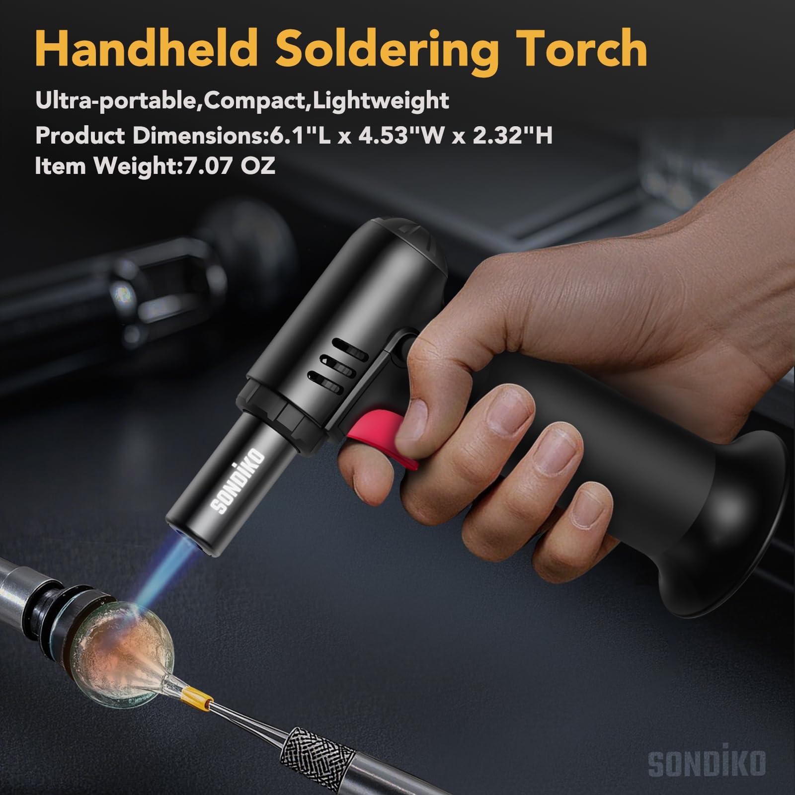 Sondiko Kitchen Blow Torch with Fuel Gauge S907, Refillable Soldering Torch Lighter with Safety Lock and Adjustable Flame for Desserts, Creme Brulee, Welding, Industrial (Butane Not Included)