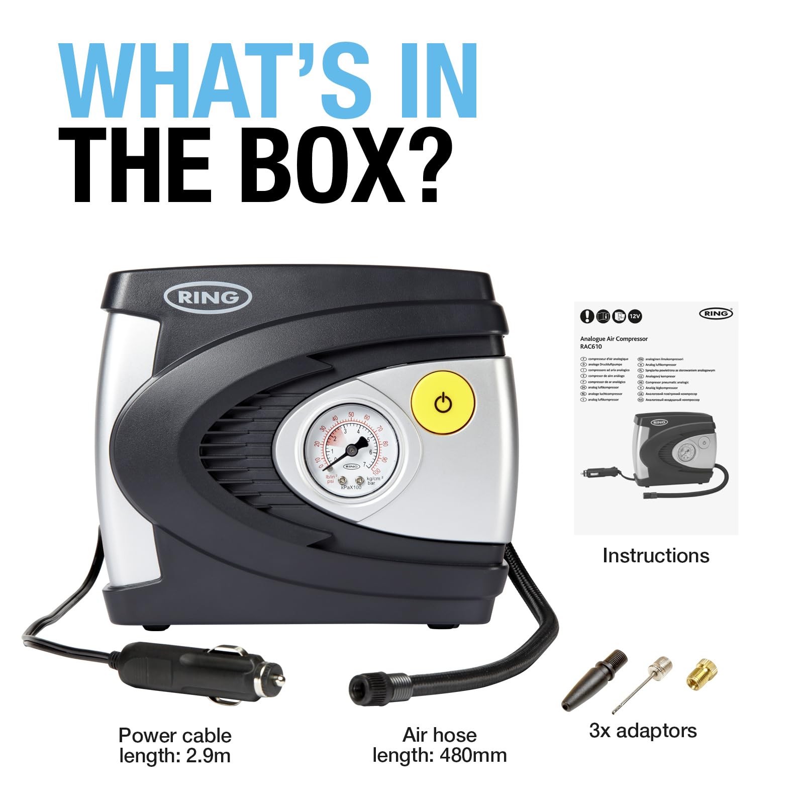 RING TYREINFLATE 610 Analogue Tyre Inflator with Adaptor Kit - Results in PSI & BAR