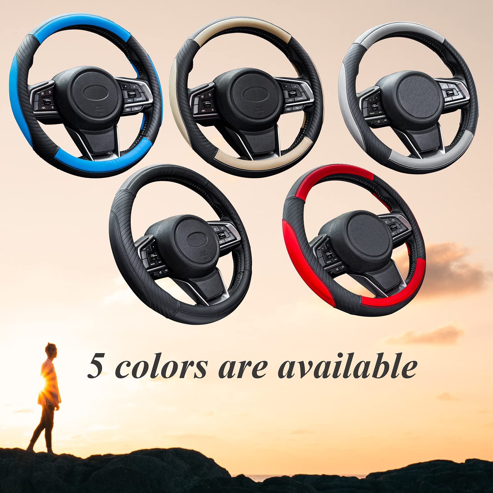 Car Steering Wheel Cover Leather - Soft Microfiber Steering Wheel Cover Universal Size M 37-38cm /14.5-15inch, Anti-slip, Breathable, Black