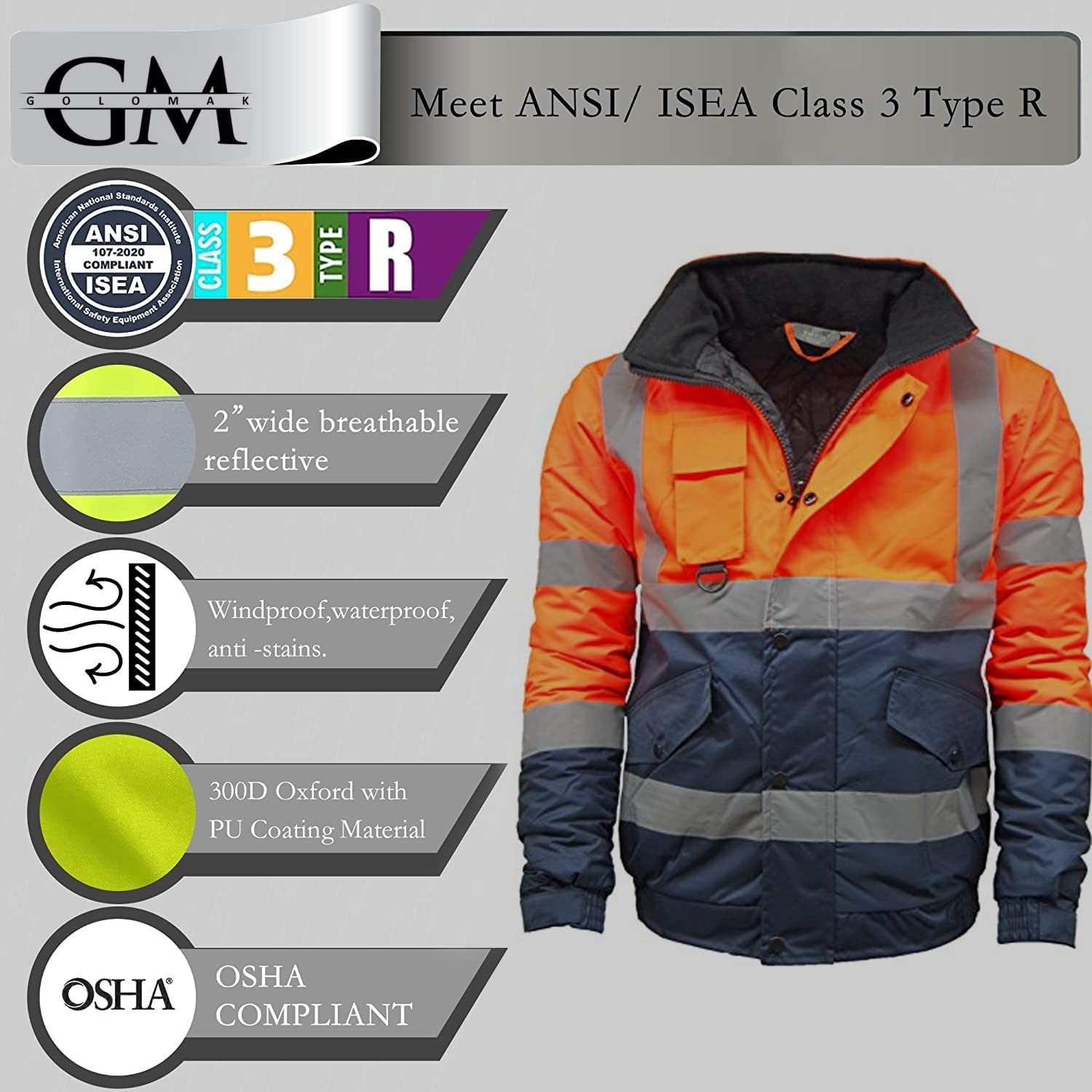 Golomak® Hi Vis Viz Bomber Jacket High Visibility Workwear Safety Security Hooded Padded Waterproof Taped Seams Work Wear Coat Top (Orange, Medium)