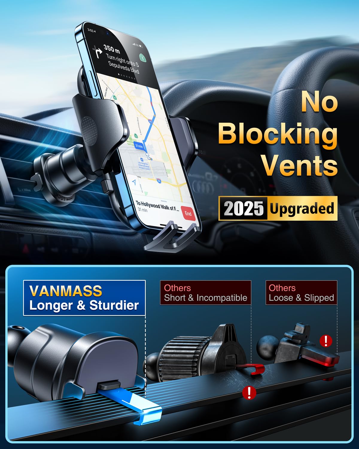 VANMASS 2025 BEST Car Phone Holder [Upgraded Suction & Clip]Rotatable Universal Mobile Phone Mount Dashboard Windscreen Vent Cradle Van Automobile Accessories for iPhone 16 Pro Max 15 14 13 12 Samsung