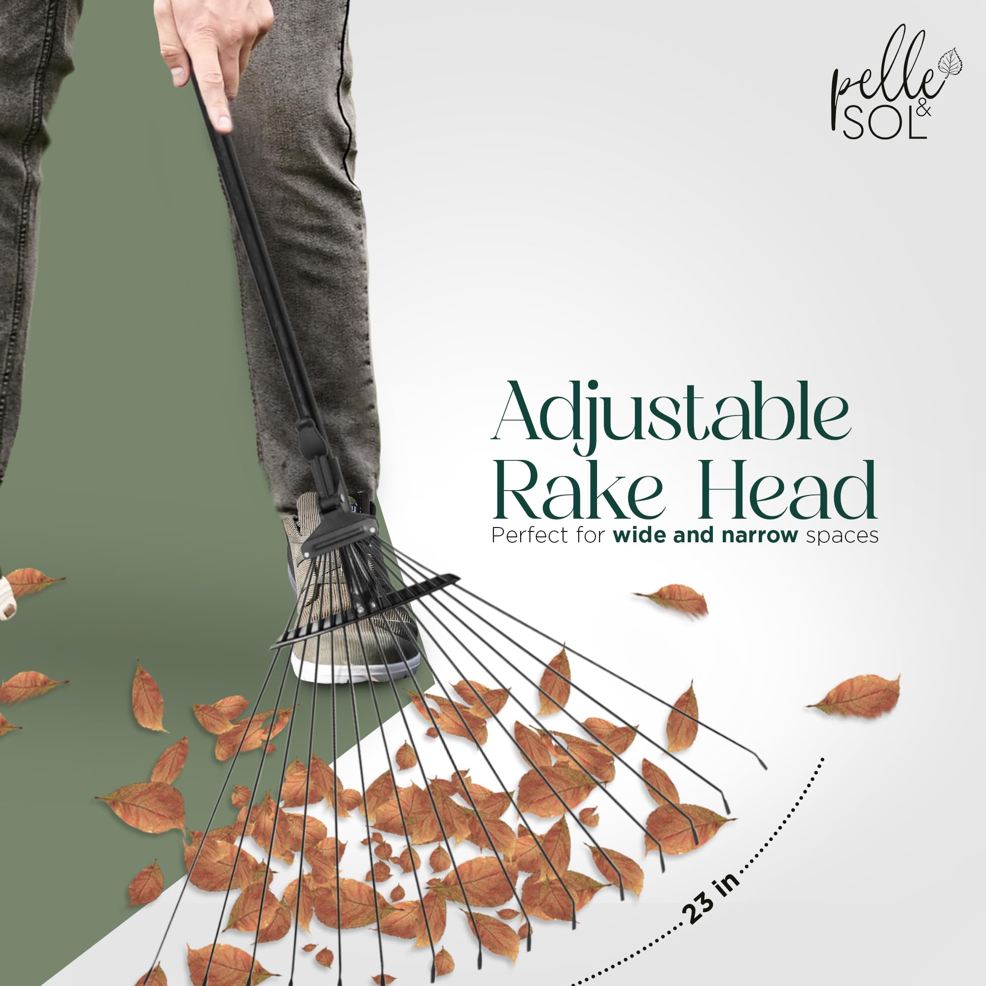 Pelle & Sol Garden Rake - 38-63 Inch Adjustable Lawn Rake for Gardening, Grass w/ 25 Tines for Yard Clean Up - Garden Rakes for Leaves, Lawn Leveller, Yard Clean Up Tool - Black