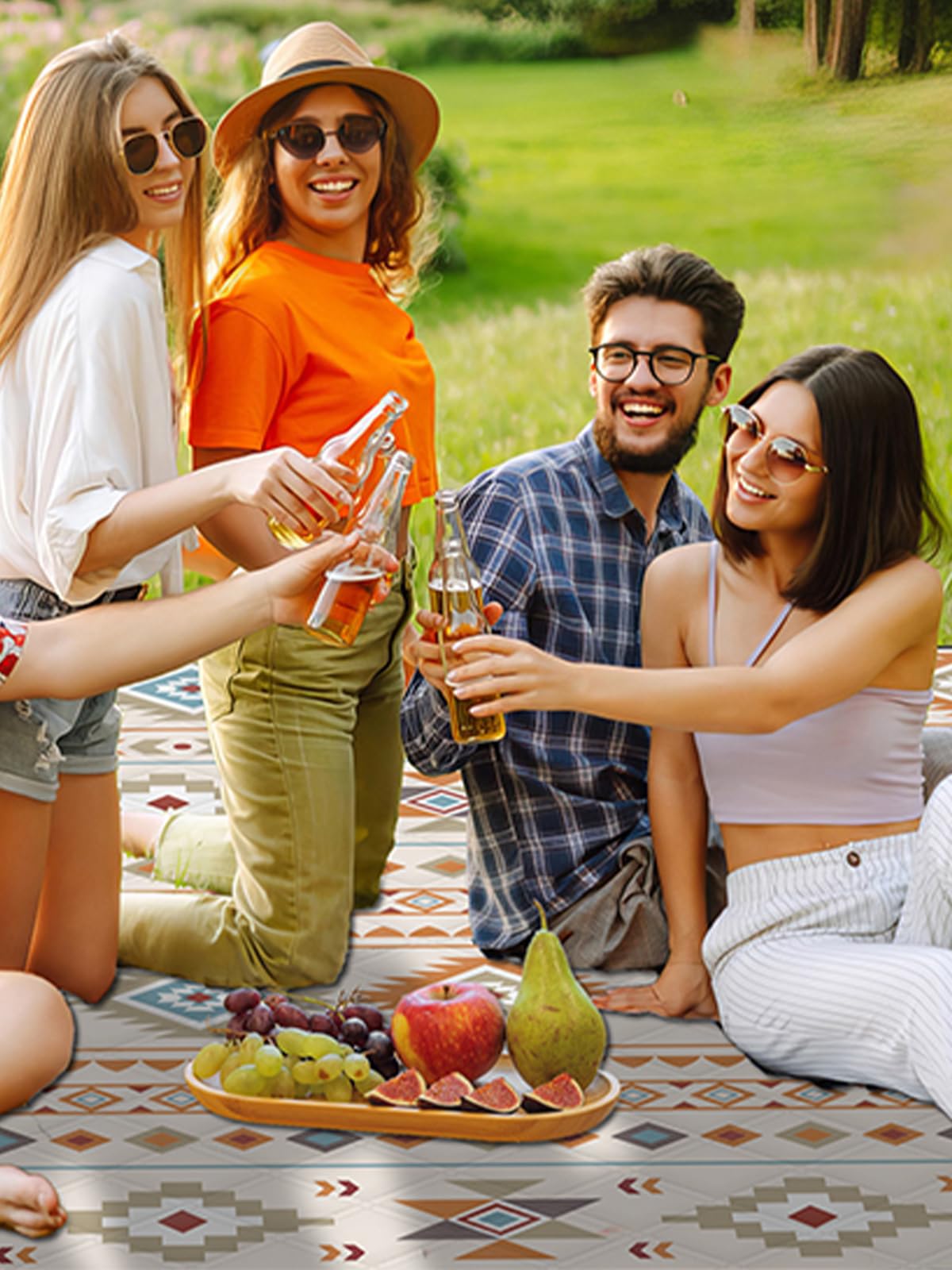 UKNOWISA 5-layer Picnic Blanket, Extra Large 200 x 200cm Waterproof Beach Picnic Mat with Carrying Handle, Bohemian, Foldable Machine Washable for Outdoor Picnic Garden Beach Camping