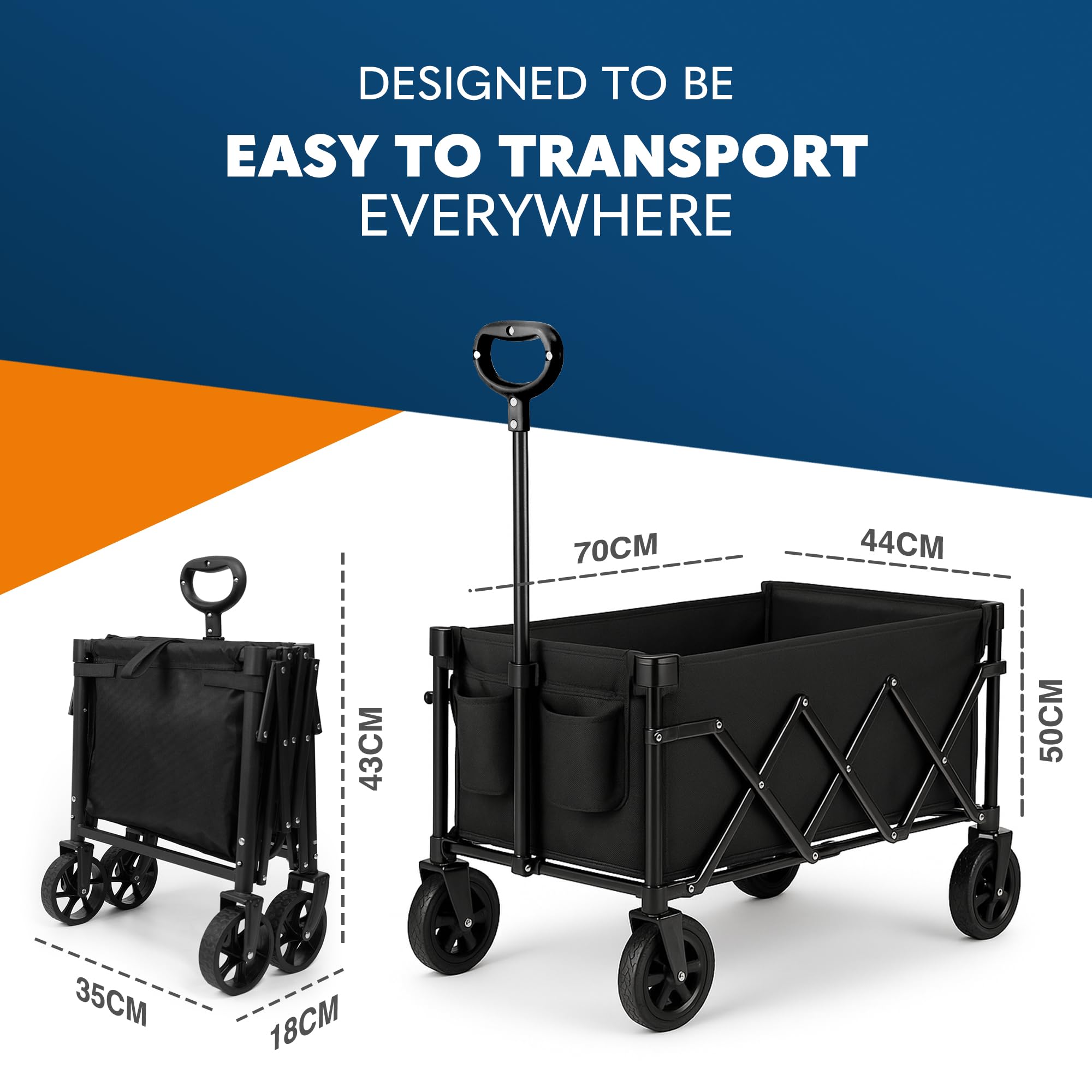 Voyager 100L Heavy Duty Festival Trolley on Wheels, Collapsible Beach Wagon, Portable Camping Cart with Adjustable Handle, Foldable Outdoor Trolley, 80kg Capacity with Drink Holder, Black