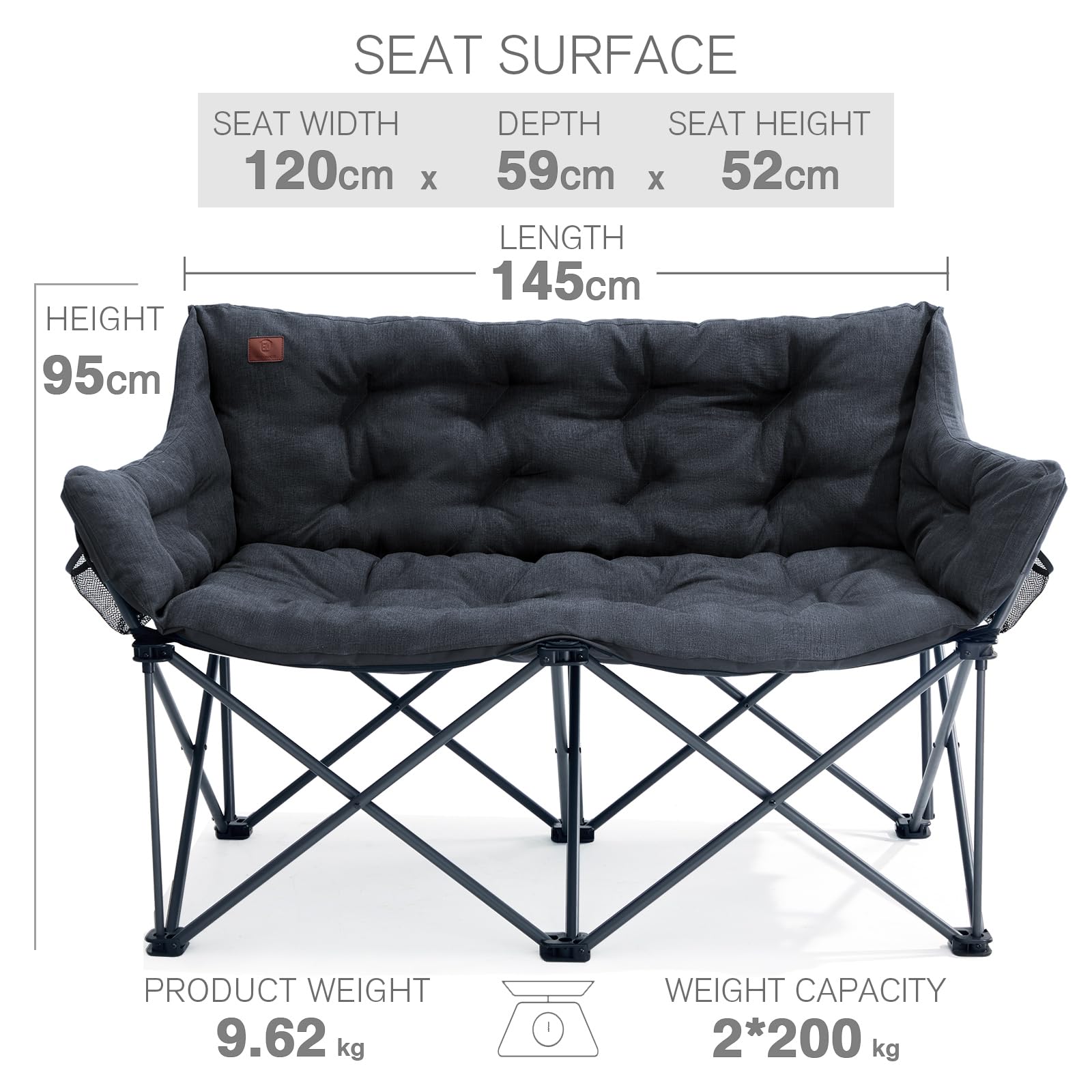 EVER ADVANCED Double Camping Chair for Adults 400KG, Heavy Duty Oversized Folding Camping Sofa Padded 6cm, Garden Foldable Chair Outdoor Luxury for Heavy People Camp Portable