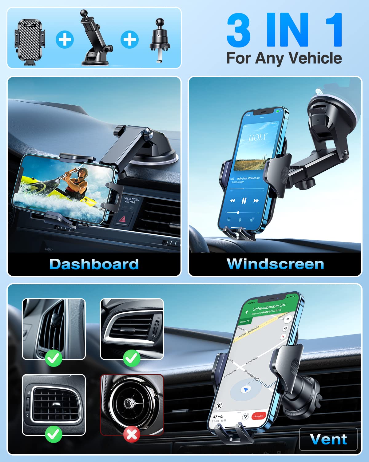 VANMASS 2025 BEST Car Phone Holder [Upgraded Suction & Clip]Rotatable Universal Mobile Phone Mount Dashboard Windscreen Vent Cradle Van Automobile Accessories for iPhone 16 Pro Max 15 14 13 12 Samsung