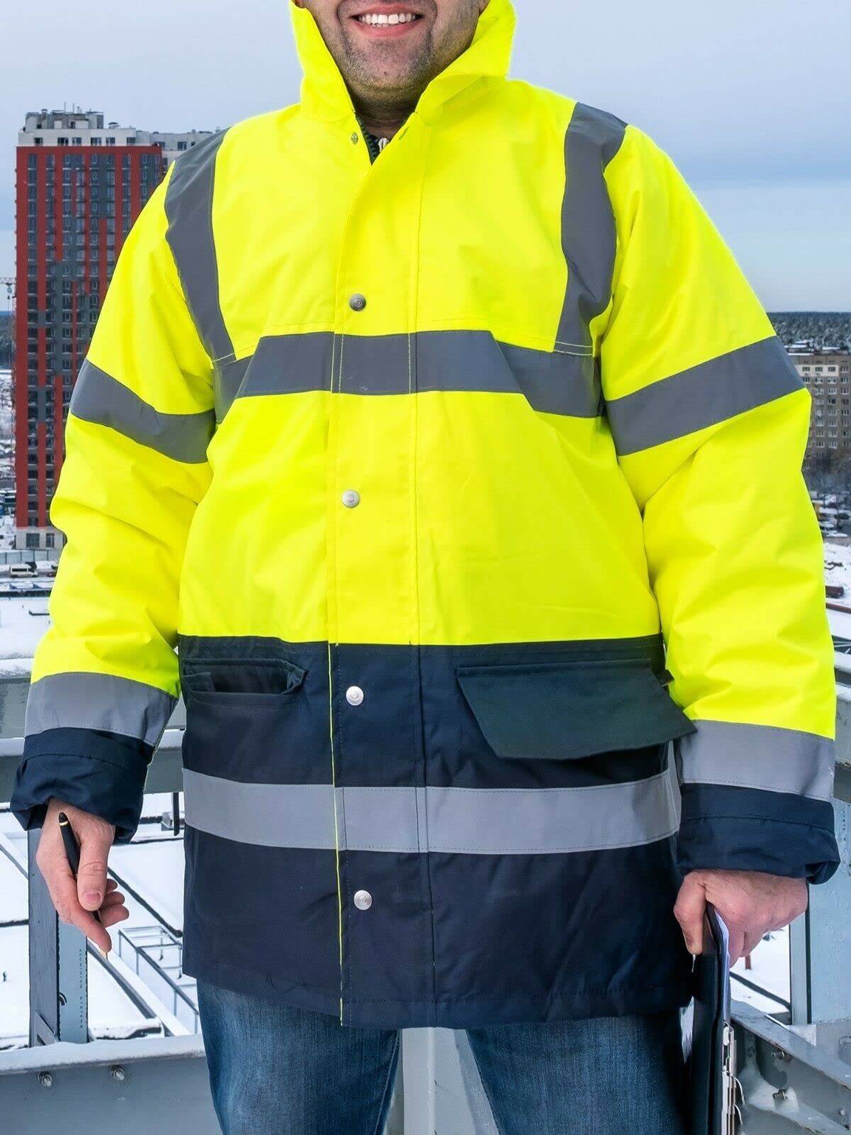 LIZZIE JACOBS New Hi Vis Parka Jackets High Visibility Safety Security Work Wear Waterproof Storm Padded Jackets Hi Viz Fluorescent Reflective Protective Hooded Long Coats (3X-Large, Yellow/Navy)