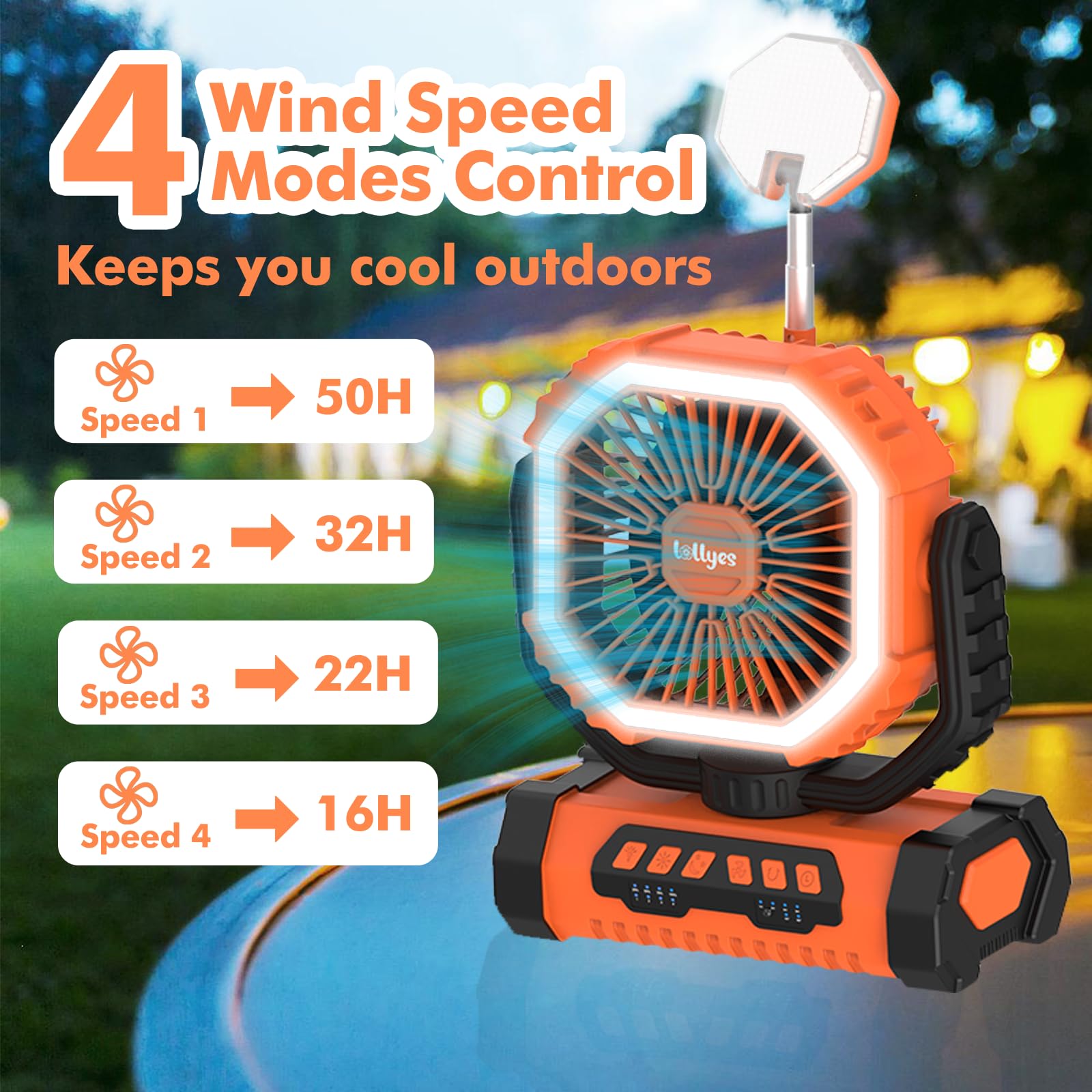 Outdoor Camping Fan with Light, 20000mAh Battery Powered, Rechargeable Portable Fan with Remote Control and 360° Rotating Hook, 4 Speeds for Indoor, Traveling, Tenting, RVing, Fishing, Beach (Orange)