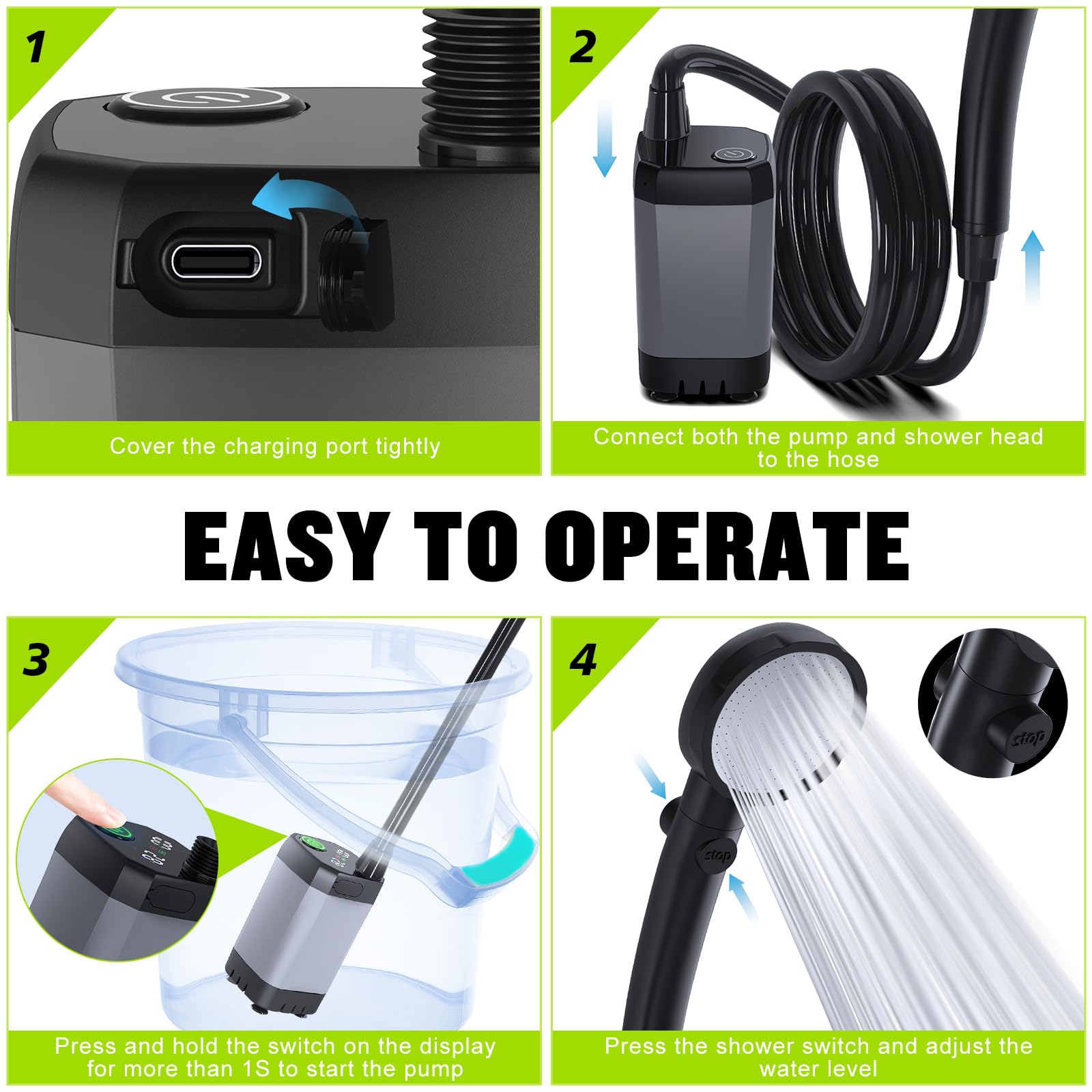 Spopal Portable Shower for Camping, [Long-Lasting] 6000mAh Rechargeable Camping Shower Pump with Intelligent LED Display, 4 Spray Modes, IPX7 Waterproof Outdoor Shower Kit for Hiking Travel Pet (Grey)