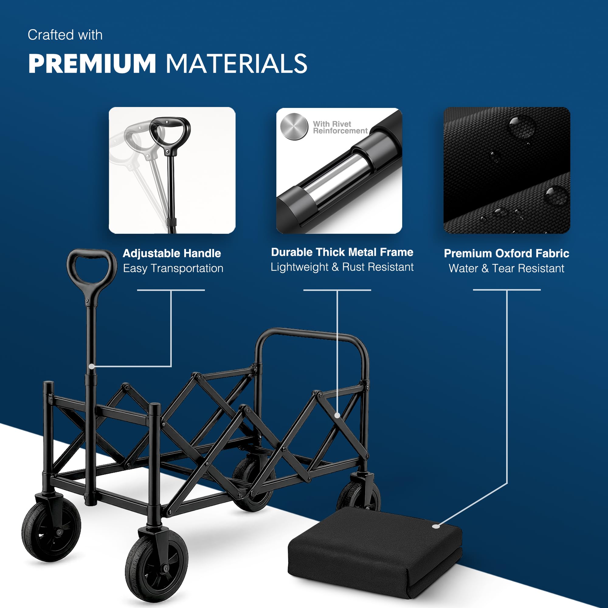 Voyager 100L Heavy Duty Festival Trolley on Wheels, Collapsible Beach Wagon, Portable Camping Cart with Adjustable Handle, Foldable Outdoor Trolley, 80kg Capacity with Drink Holder, Black