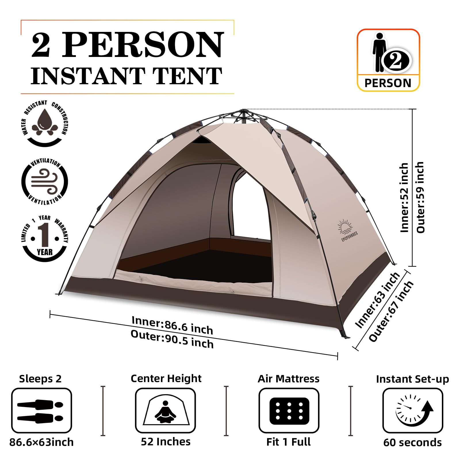 EPCPSHADES Camping Dome Tent for 2 Man, Waterproof Pop up Tent with Carry bag, Instant Double Layer Camping Automatic Tents for Outdoor, Khaki