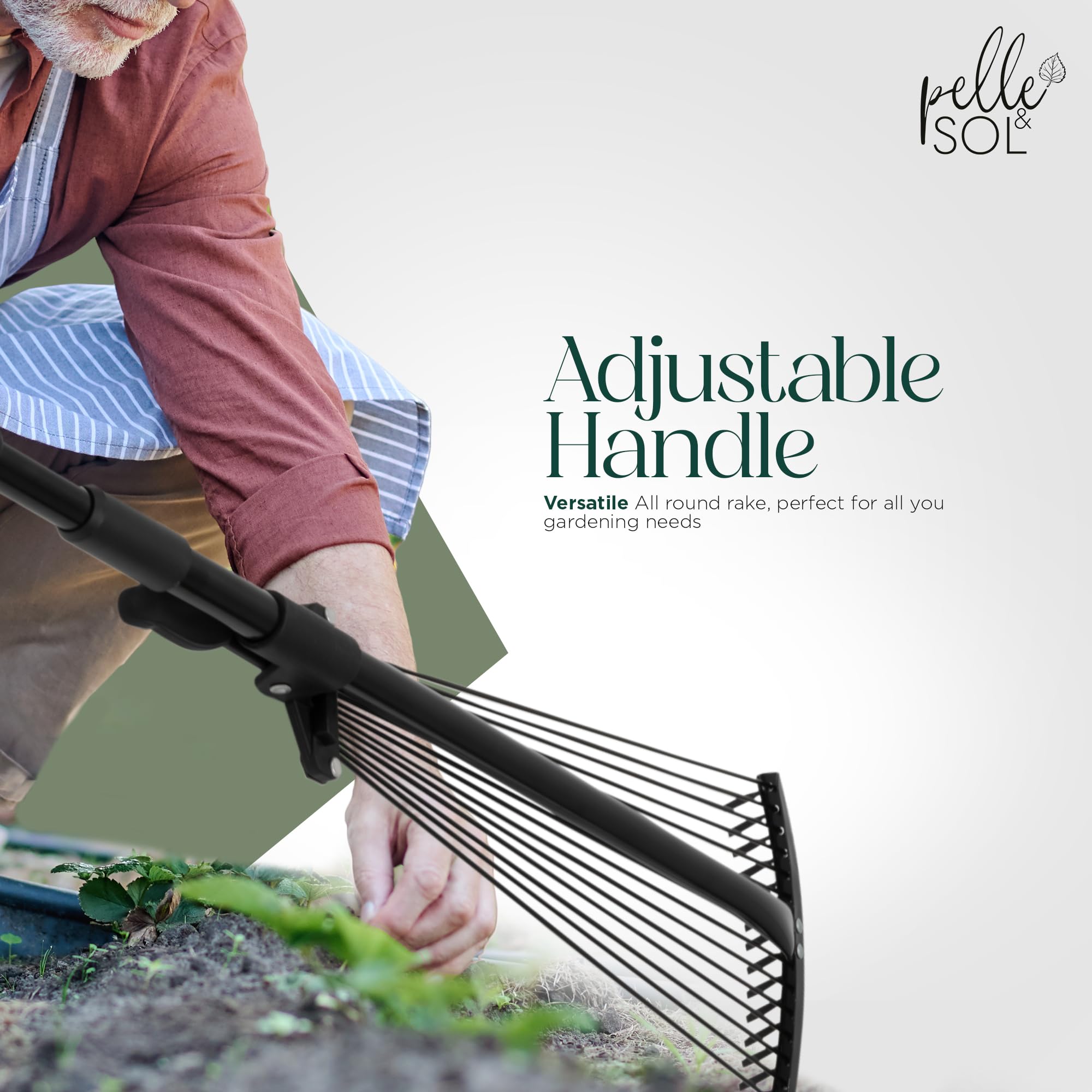 Pelle & Sol Garden Rake - 38-63 Inch Adjustable Lawn Rake for Gardening, Grass w/ 25 Tines for Yard Clean Up - Garden Rakes for Leaves, Lawn Leveller, Yard Clean Up Tool - Black