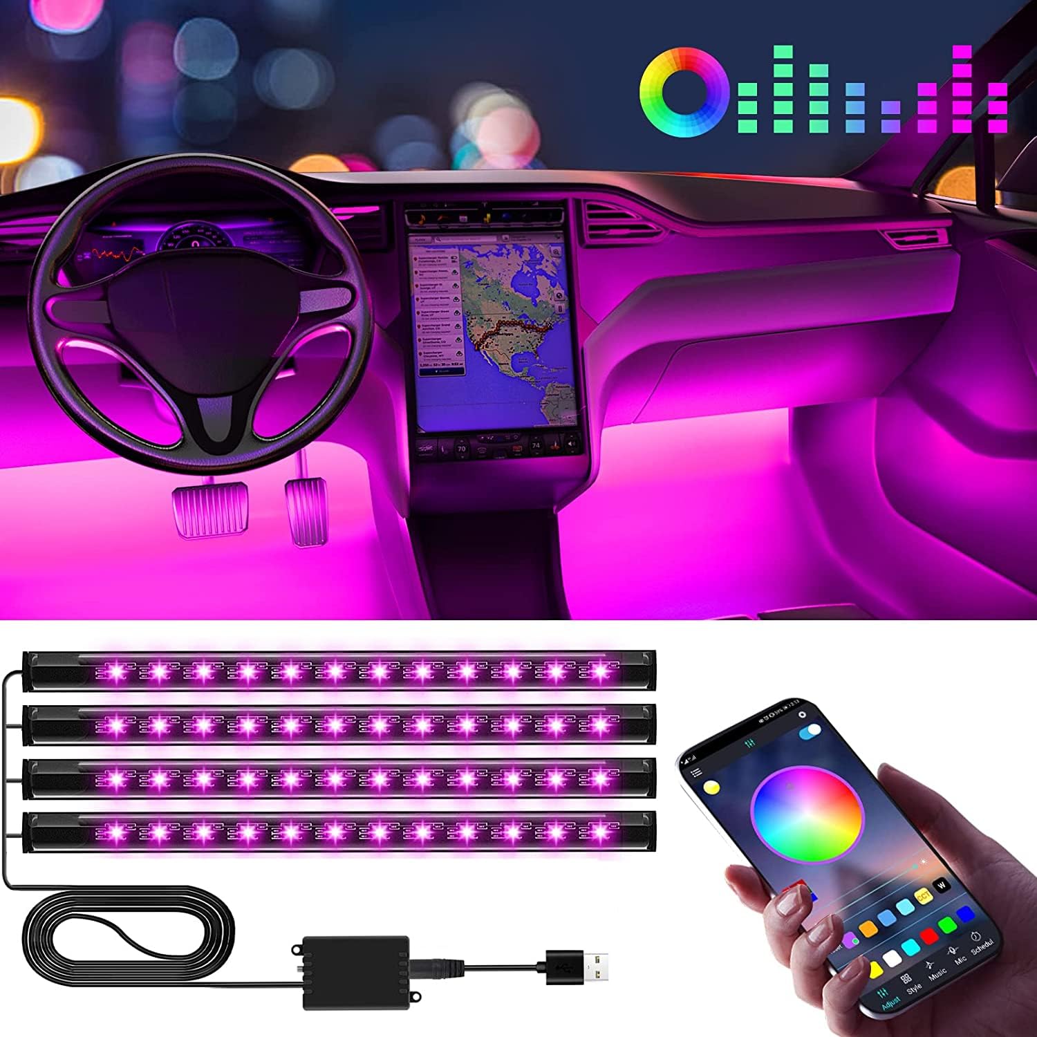 Gifts for Him Husband, Winzwon LED Interior Lights for Car Accessories for Men Women, USB Port APP Control Auto Stuff Lighting Kits Decoration Atmosphere Strip Lights