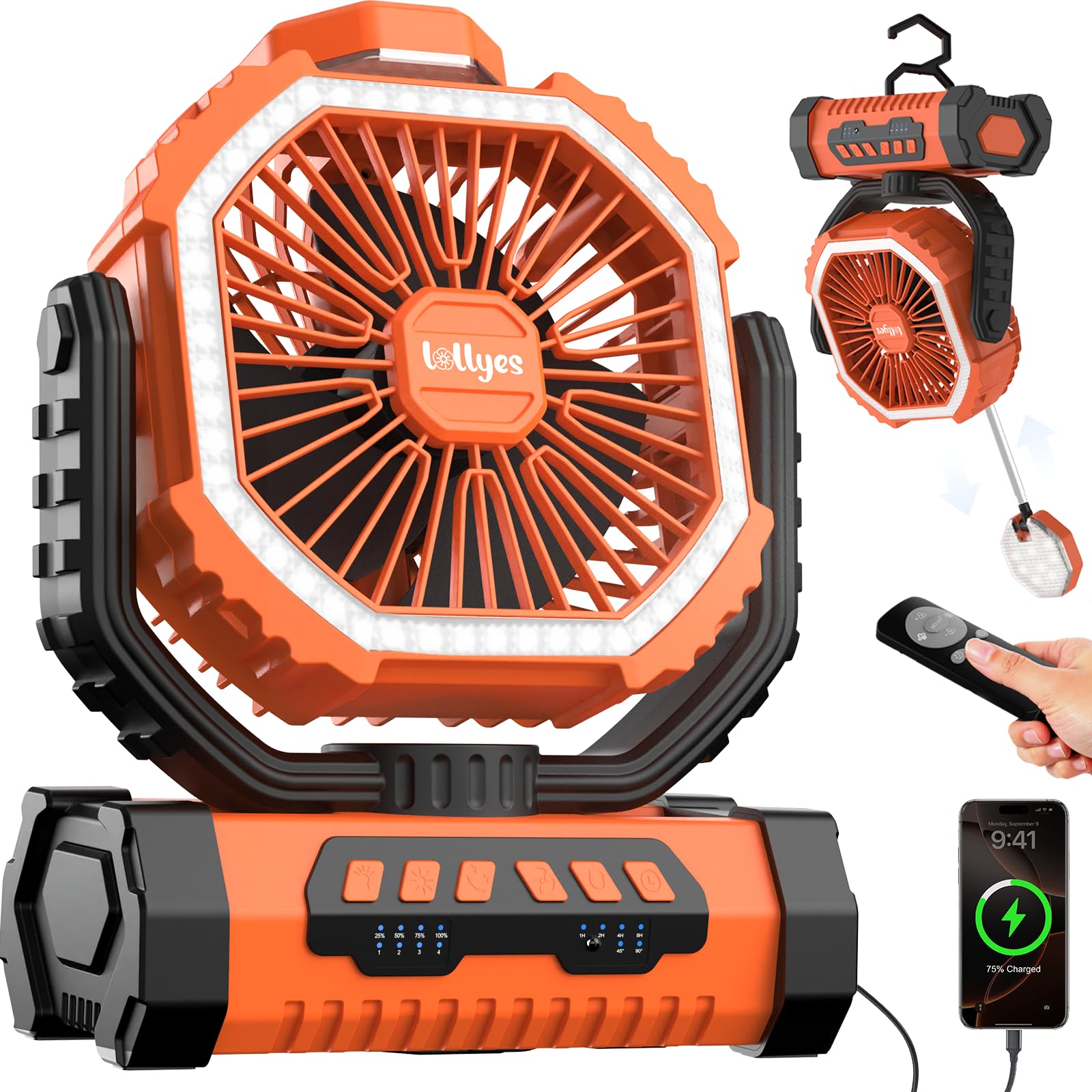 Outdoor Camping Fan with Light, 20000mAh Battery Powered, Rechargeable Portable Fan with Remote Control and 360° Rotating Hook, 4 Speeds for Indoor, Traveling, Tenting, RVing, Fishing, Beach (Orange)