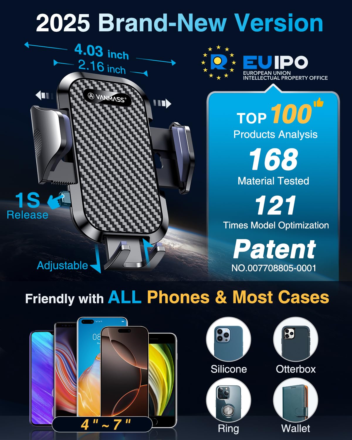 VANMASS 2025 BEST Car Phone Holder [Upgraded Suction & Clip]Rotatable Universal Mobile Phone Mount Dashboard Windscreen Vent Cradle Van Automobile Accessories for iPhone 16 Pro Max 15 14 13 12 Samsung