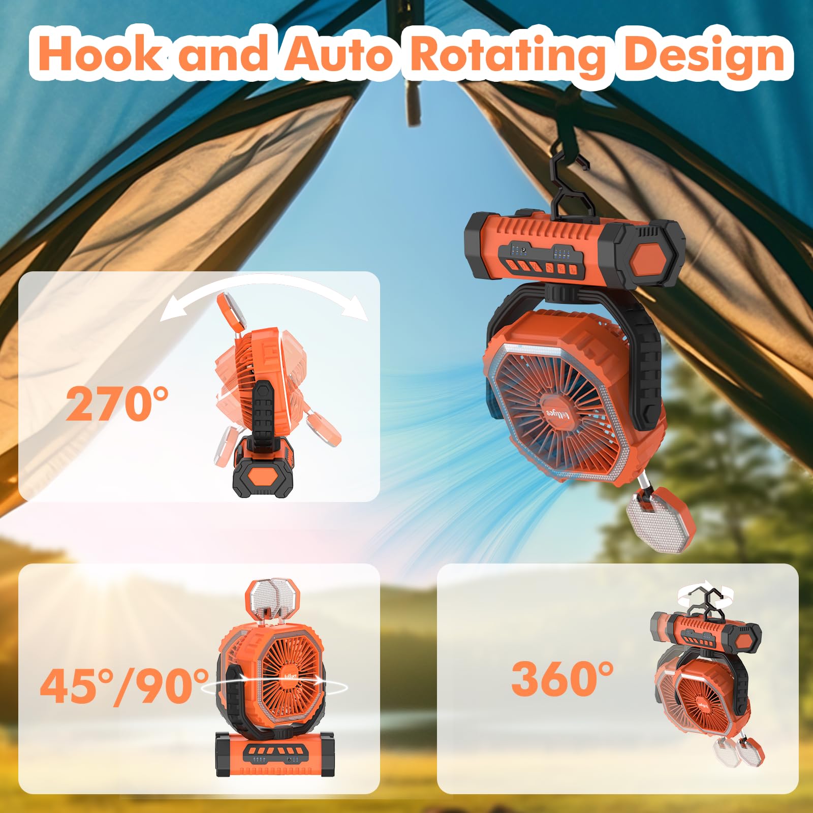 Outdoor Camping Fan with Light, 20000mAh Battery Powered, Rechargeable Portable Fan with Remote Control and 360° Rotating Hook, 4 Speeds for Indoor, Traveling, Tenting, RVing, Fishing, Beach (Orange)