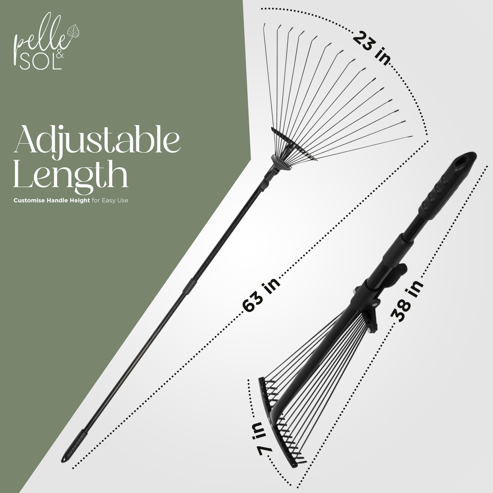 Pelle & Sol Garden Rake - 38-63 Inch Adjustable Lawn Rake for Gardening, Grass w/ 25 Tines for Yard Clean Up - Garden Rakes for Leaves, Lawn Leveller, Yard Clean Up Tool - Black
