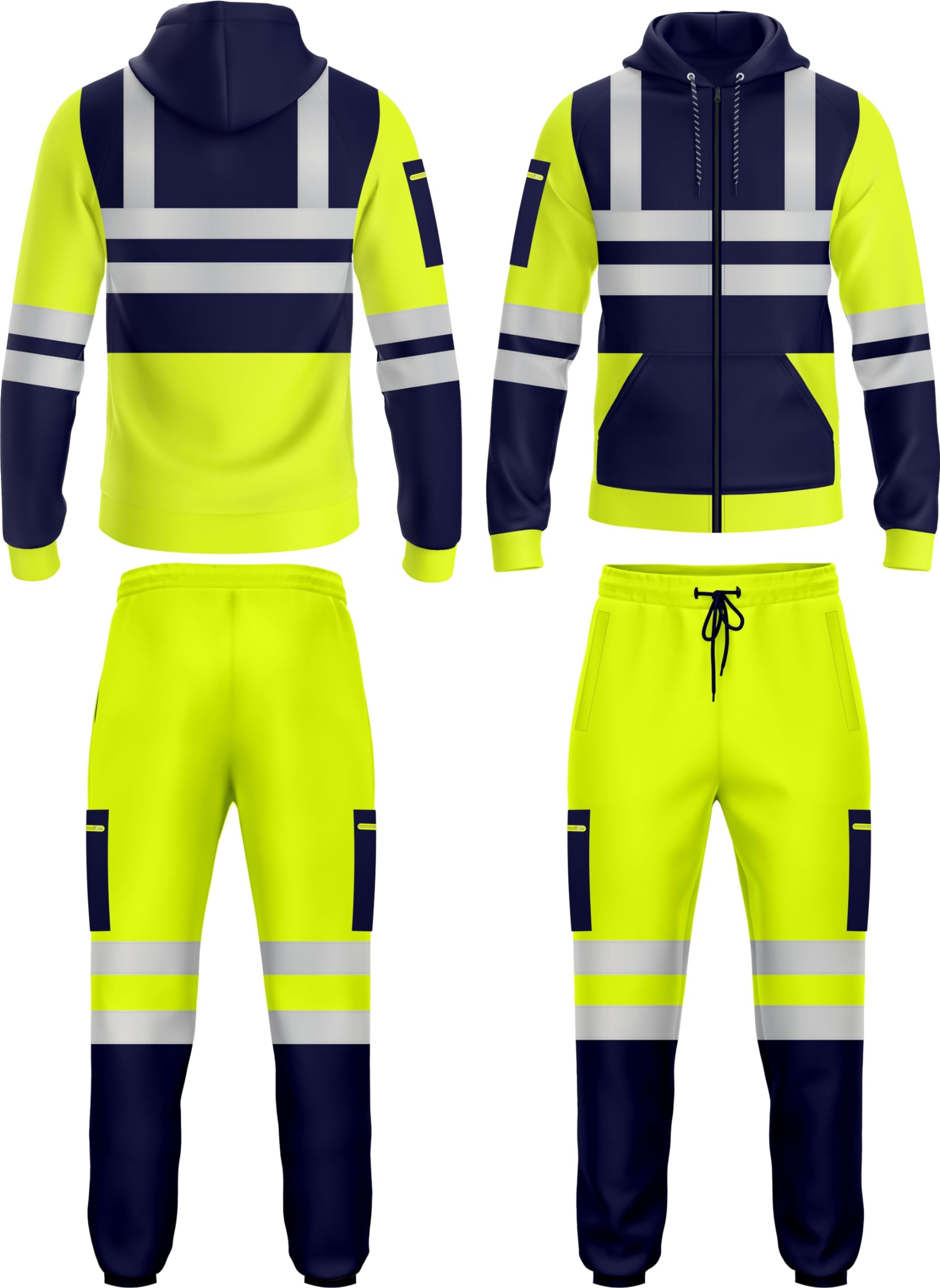 TORO ACTIVA Mens Hi Viz High Visibility Zip Up Tracksuit Pockets Drwastring Zipper Sweatshirt Hoodie & Trouser Bottom Jogging Safety Work Wear Reflective Joggers