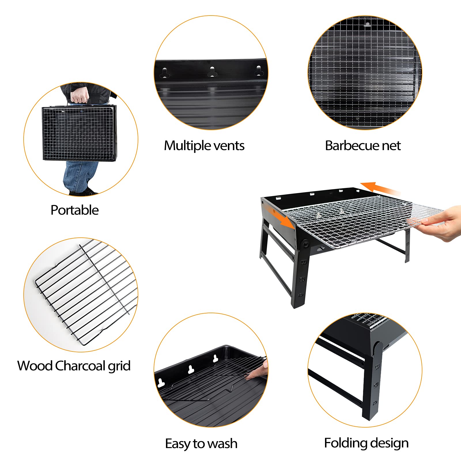 BBQ Barbecue Grill, Portable Folding Charcoal Barbecue Desk Tabletop Outdoor Stainless Steel Smoker BBQ for Picnic Garden Terrace Camping Travel 15.35''x11.41''x2.95'' (Black)