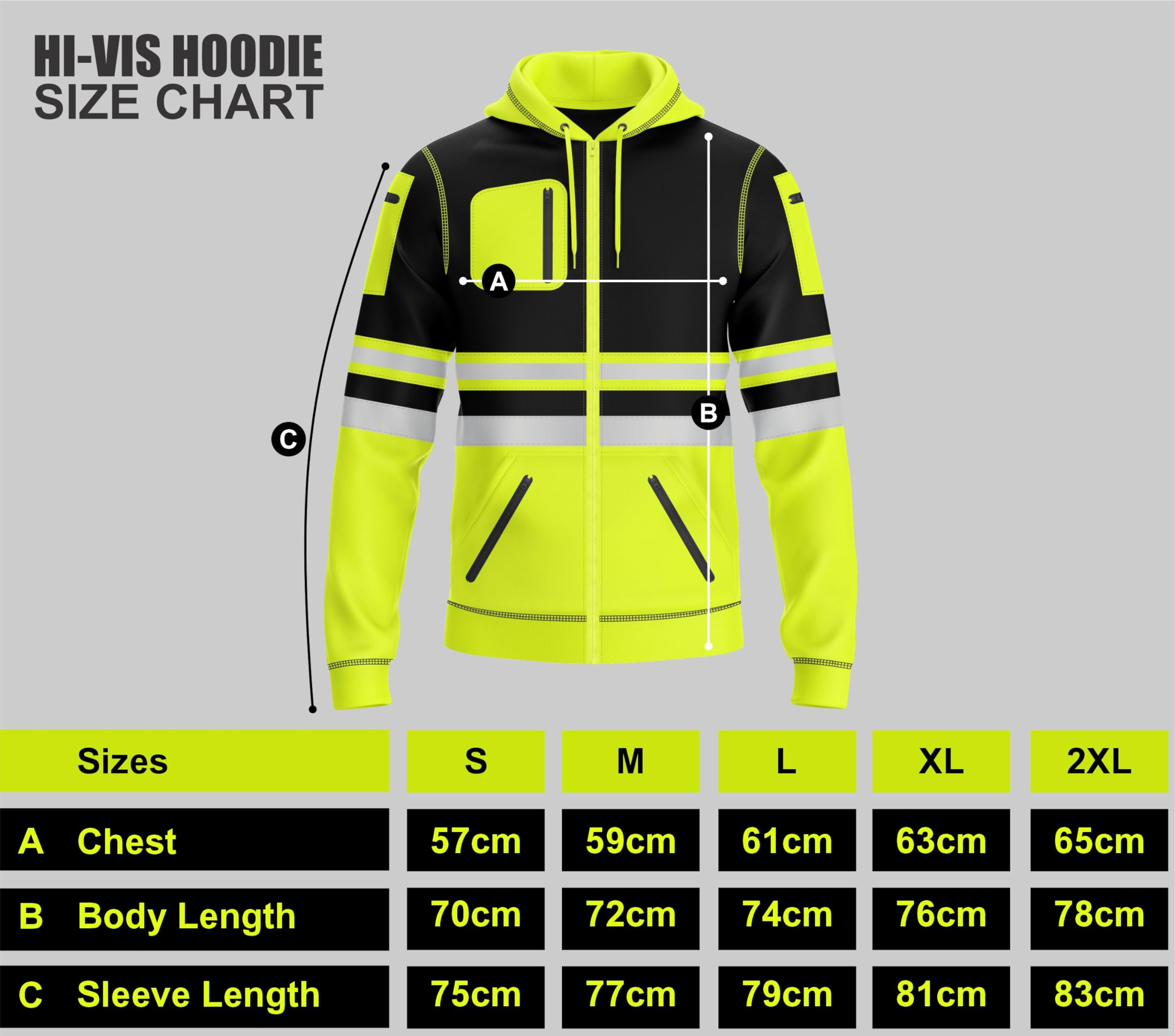 trending babz Mens Hi Vis Pullover Hoodie Reflective Tape Safety Work Drawstring Multi Zipped Pockets High Viz High Visibility Hoodie Sweatshirt