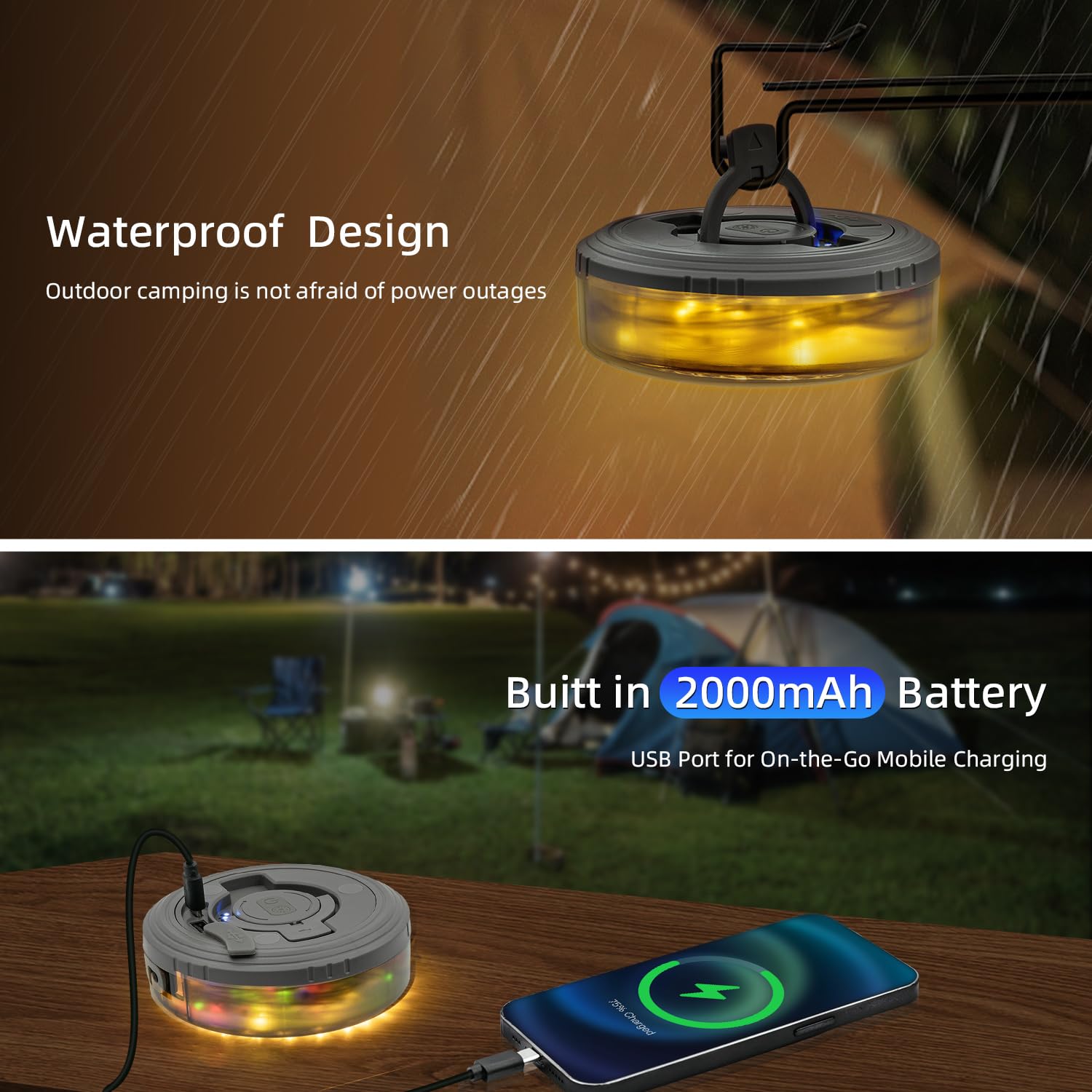 Mcbazel Camping String Lights,Retractable Camping String Fairy Lights Lanterns 12M/39.4FT with 10 Lighting Modes,120LED,2000mah USB Rechargeable,Multicolor & Warm Lighting for Outdoor/Indoor/Camping