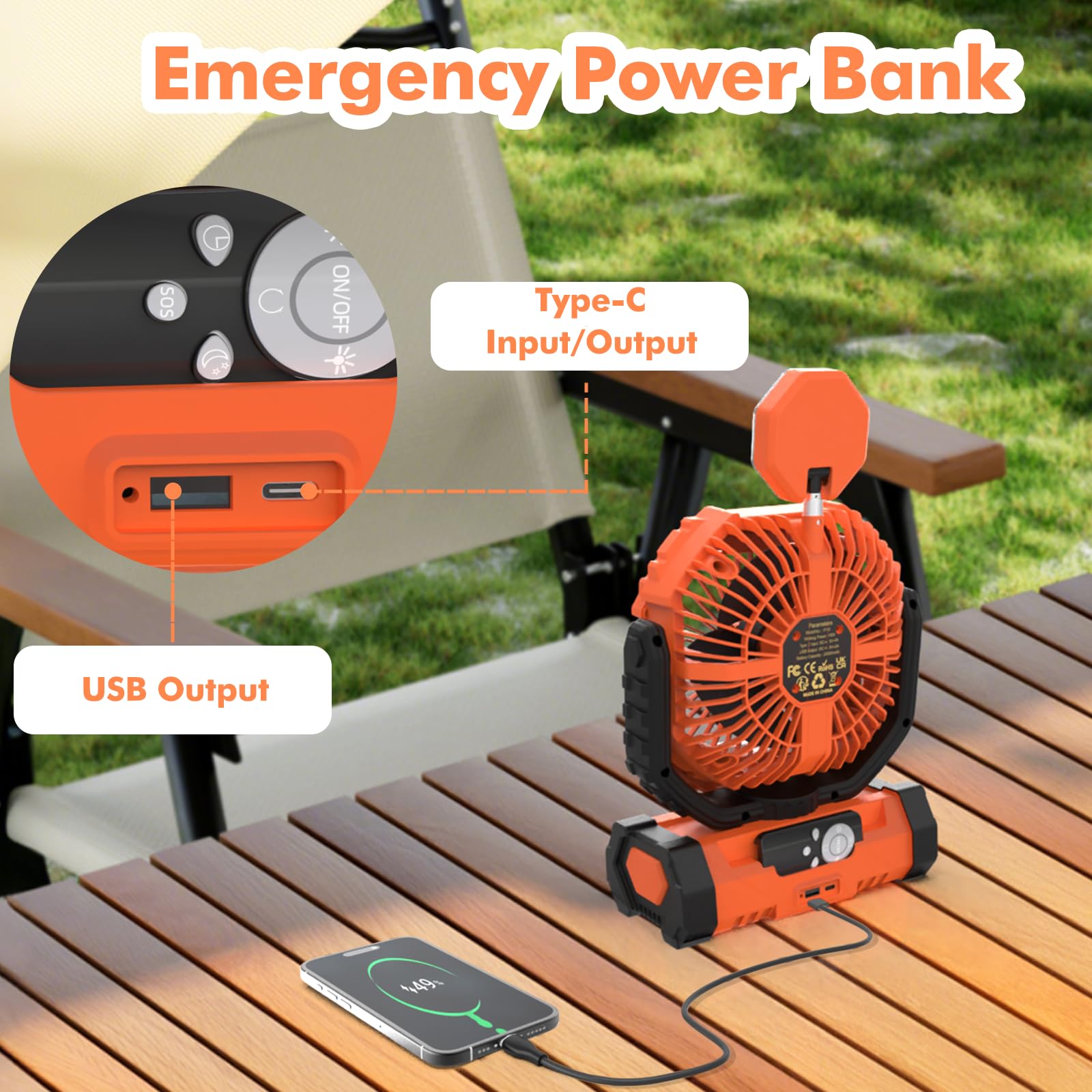 Outdoor Camping Fan with Light, 20000mAh Battery Powered, Rechargeable Portable Fan with Remote Control and 360° Rotating Hook, 4 Speeds for Indoor, Traveling, Tenting, RVing, Fishing, Beach (Orange)