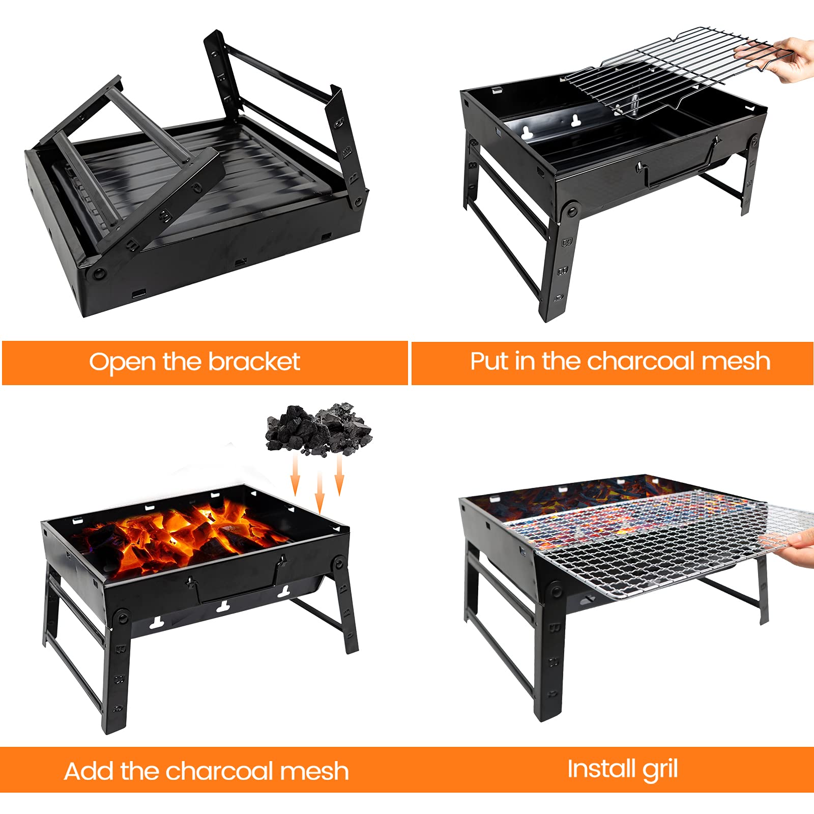 BBQ Barbecue Grill, Portable Folding Charcoal Barbecue Desk Tabletop Outdoor Stainless Steel Smoker BBQ for Picnic Garden Terrace Camping Travel 15.35''x11.41''x2.95'' (Black)