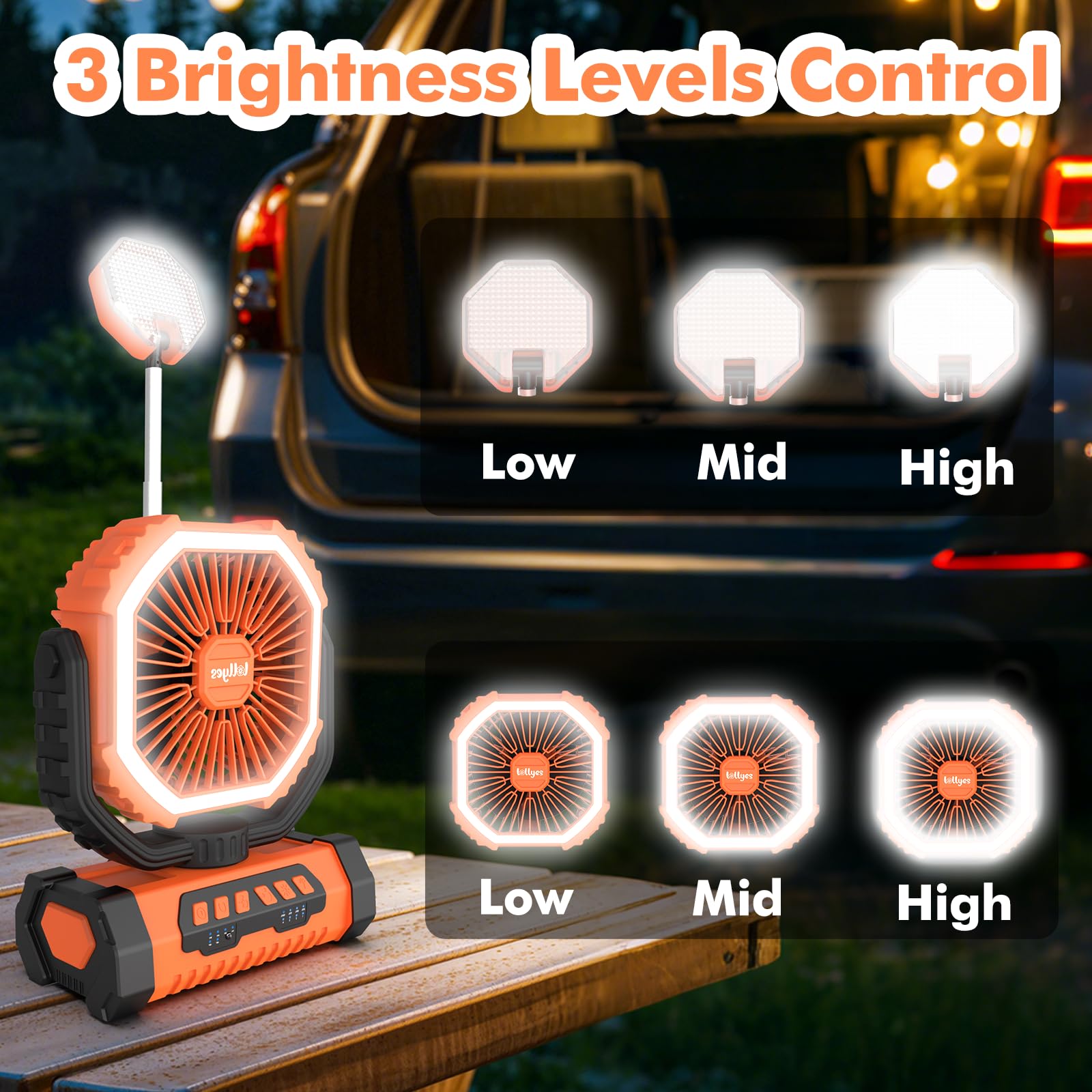 Outdoor Camping Fan with Light, 20000mAh Battery Powered, Rechargeable Portable Fan with Remote Control and 360° Rotating Hook, 4 Speeds for Indoor, Traveling, Tenting, RVing, Fishing, Beach (Orange)