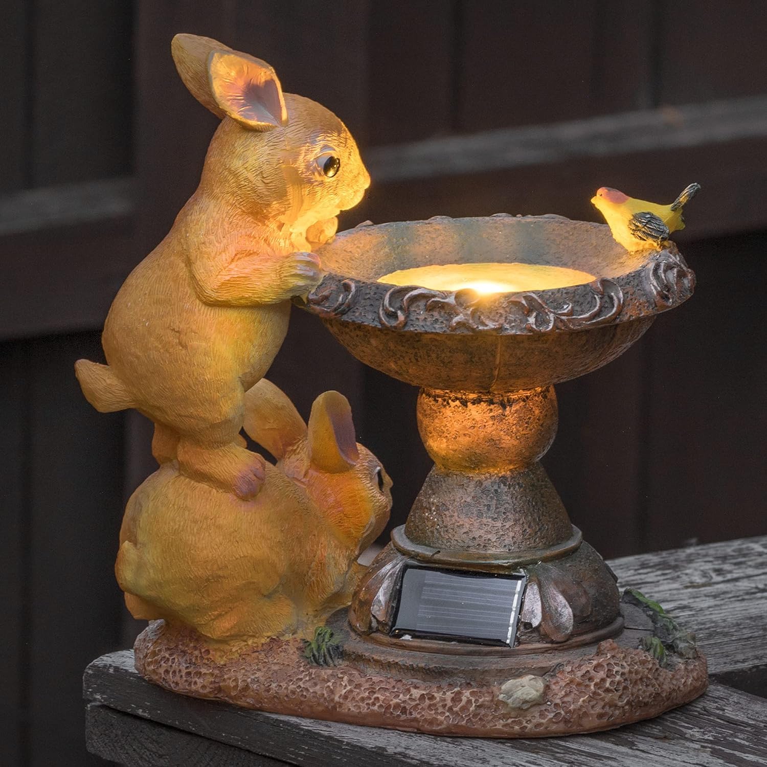 GloBrite Solar Rabbit Bird Bath for Garden | Outdoor Statue Gifts | Waterproof Resin Sculpture With Solar Lights for Christmas Decorations & Home Decor