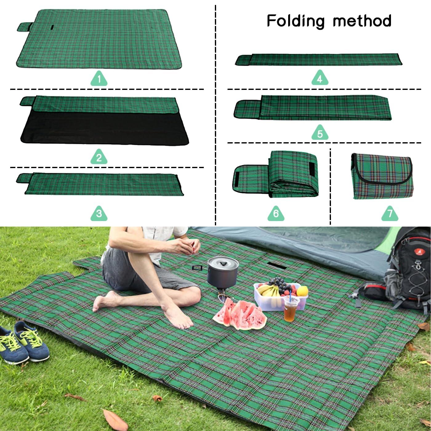 SOMIYAMI Tartan Picnic Blanket Waterproof, Garden Outdoor Camping Blanket, Beach Picnic Mat With Carrying Handle, Washable Multipurpose 150 x 200cm (Green)